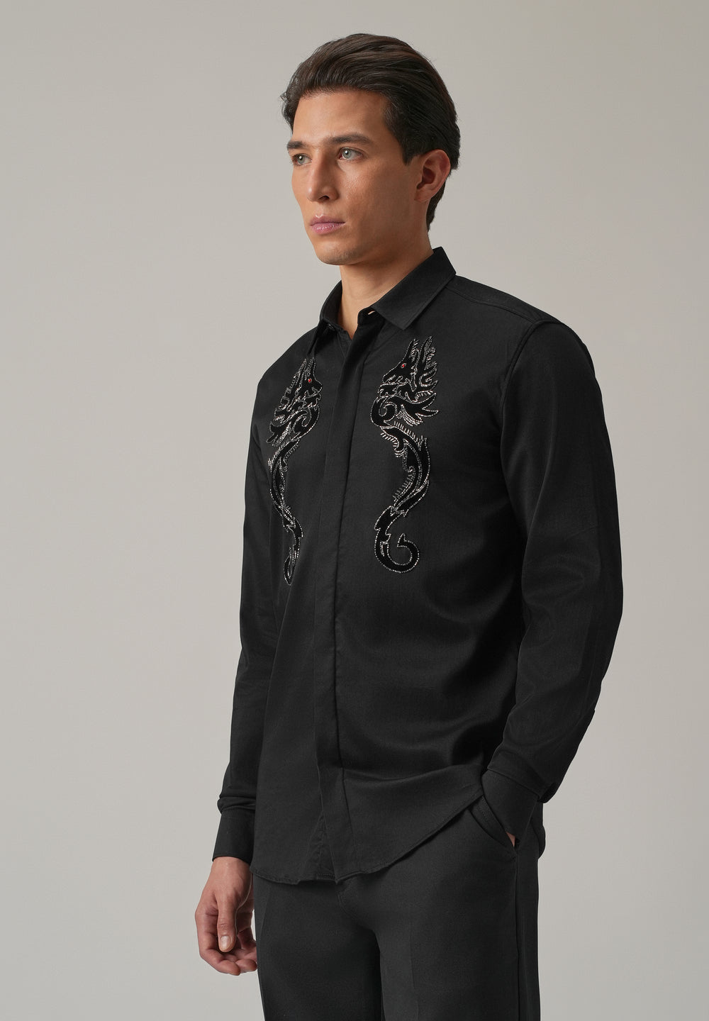 Black Serpentine Dragon Handwork Designer Shirt