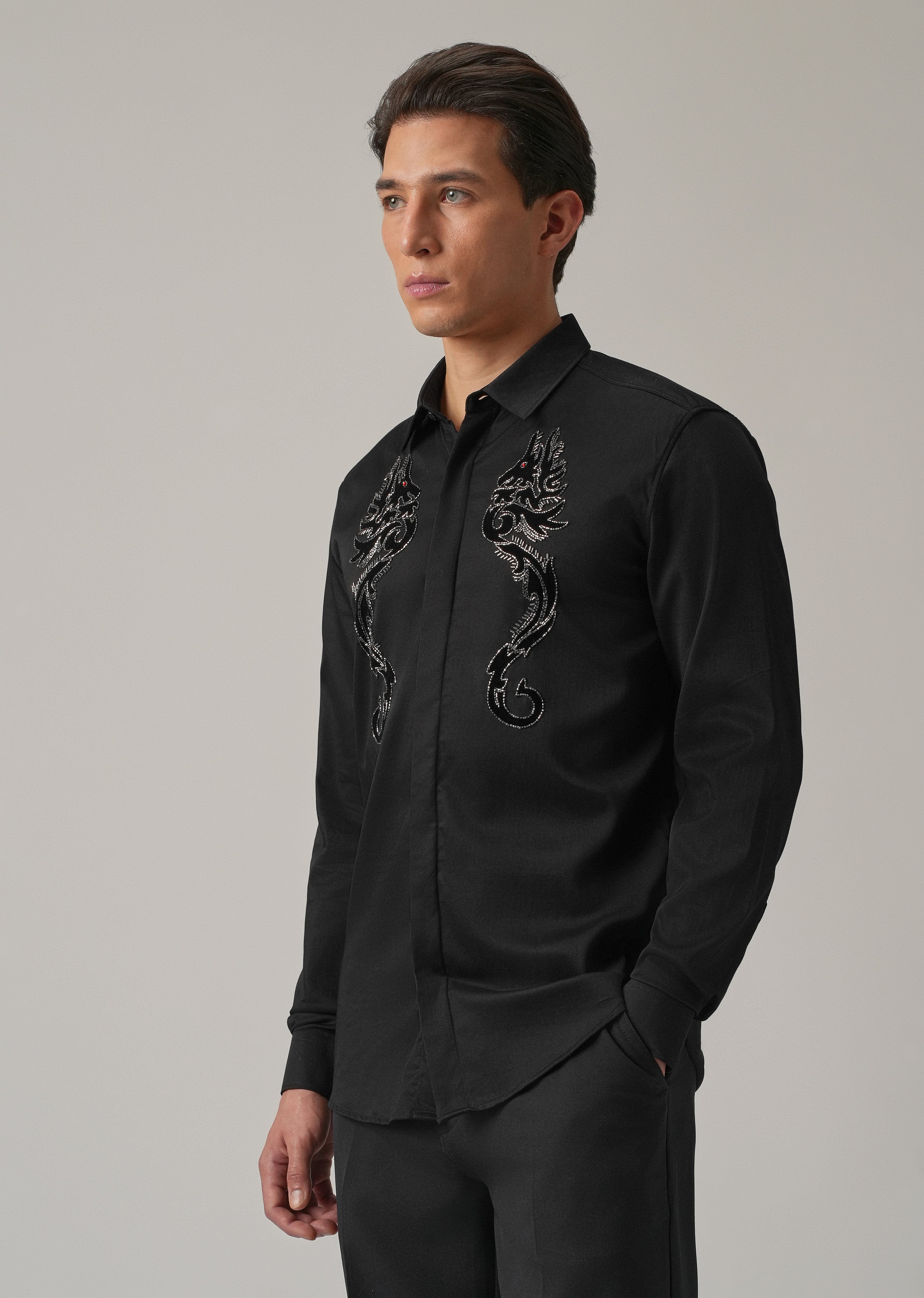 Black Serpentine Dragon Handwork Designer Shirt