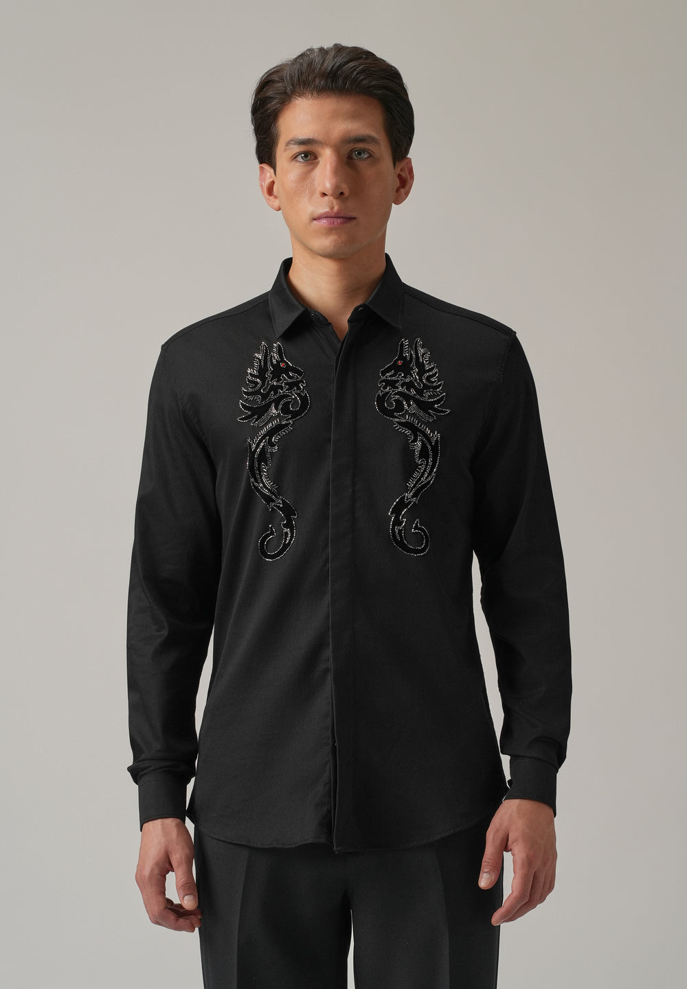 Black Serpentine Dragon Handwork Designer Shirt
