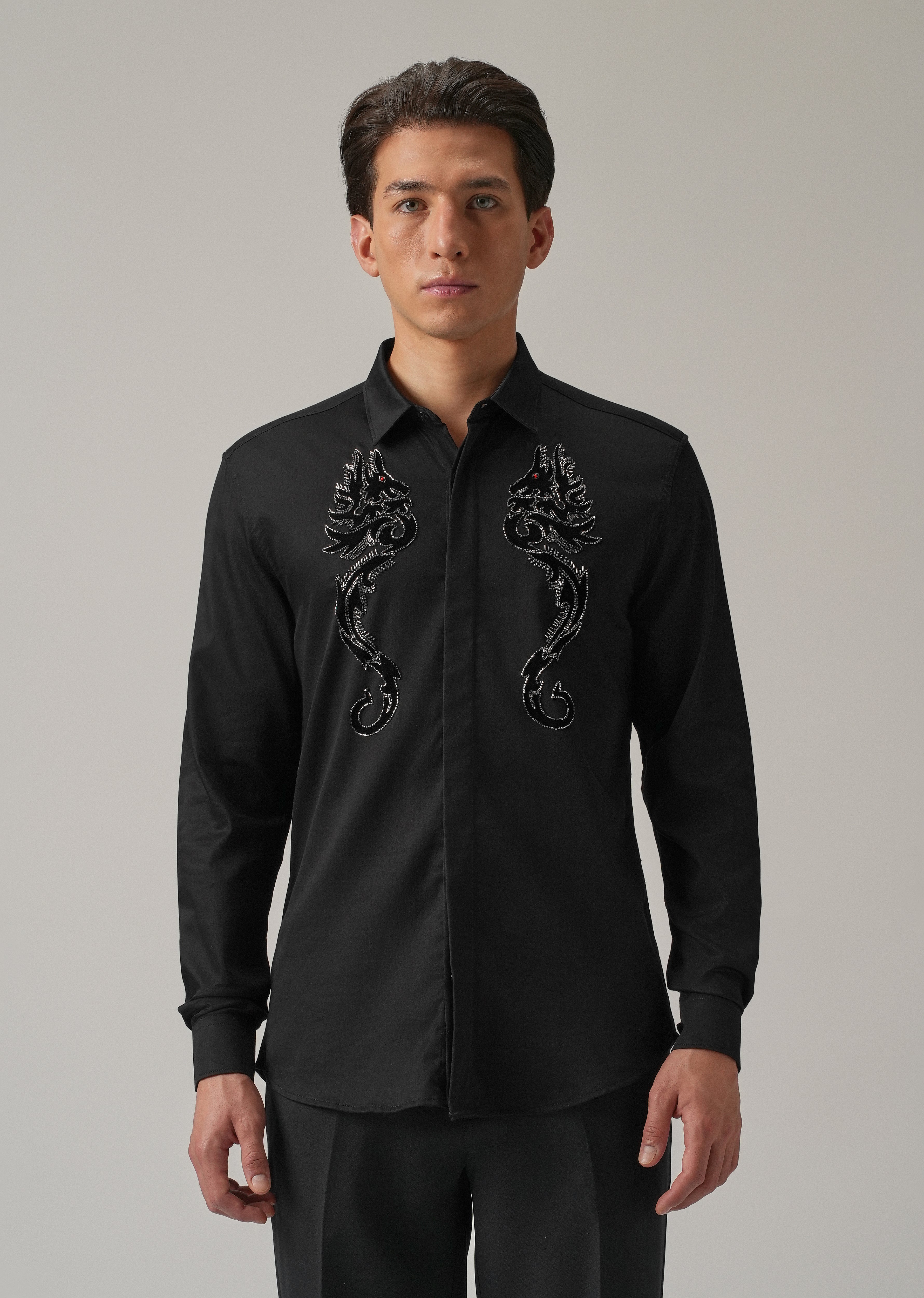 Black Serpentine Dragon Handwork Designer Shirt