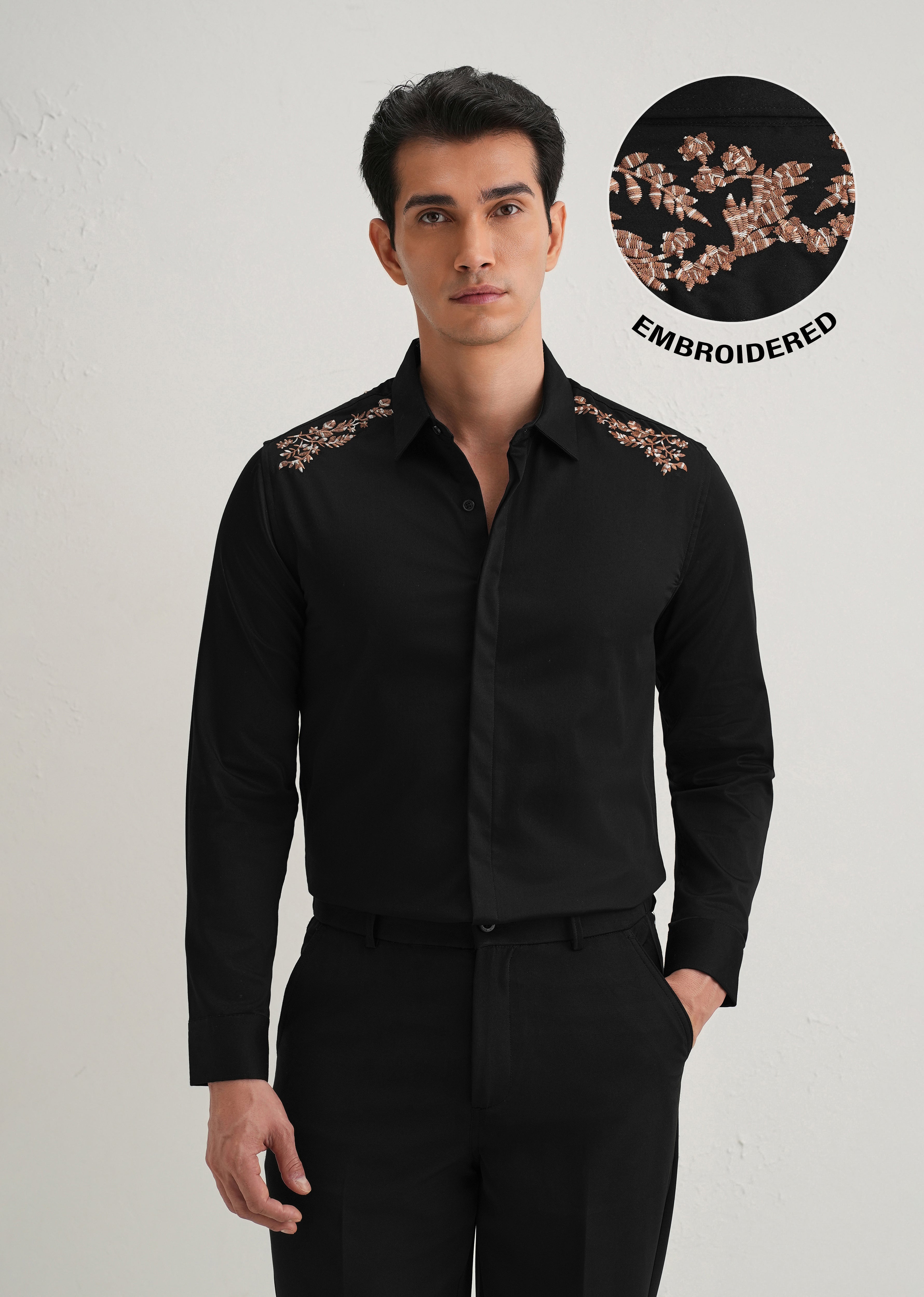 Black Shoulder Embroidery Designer Shirt