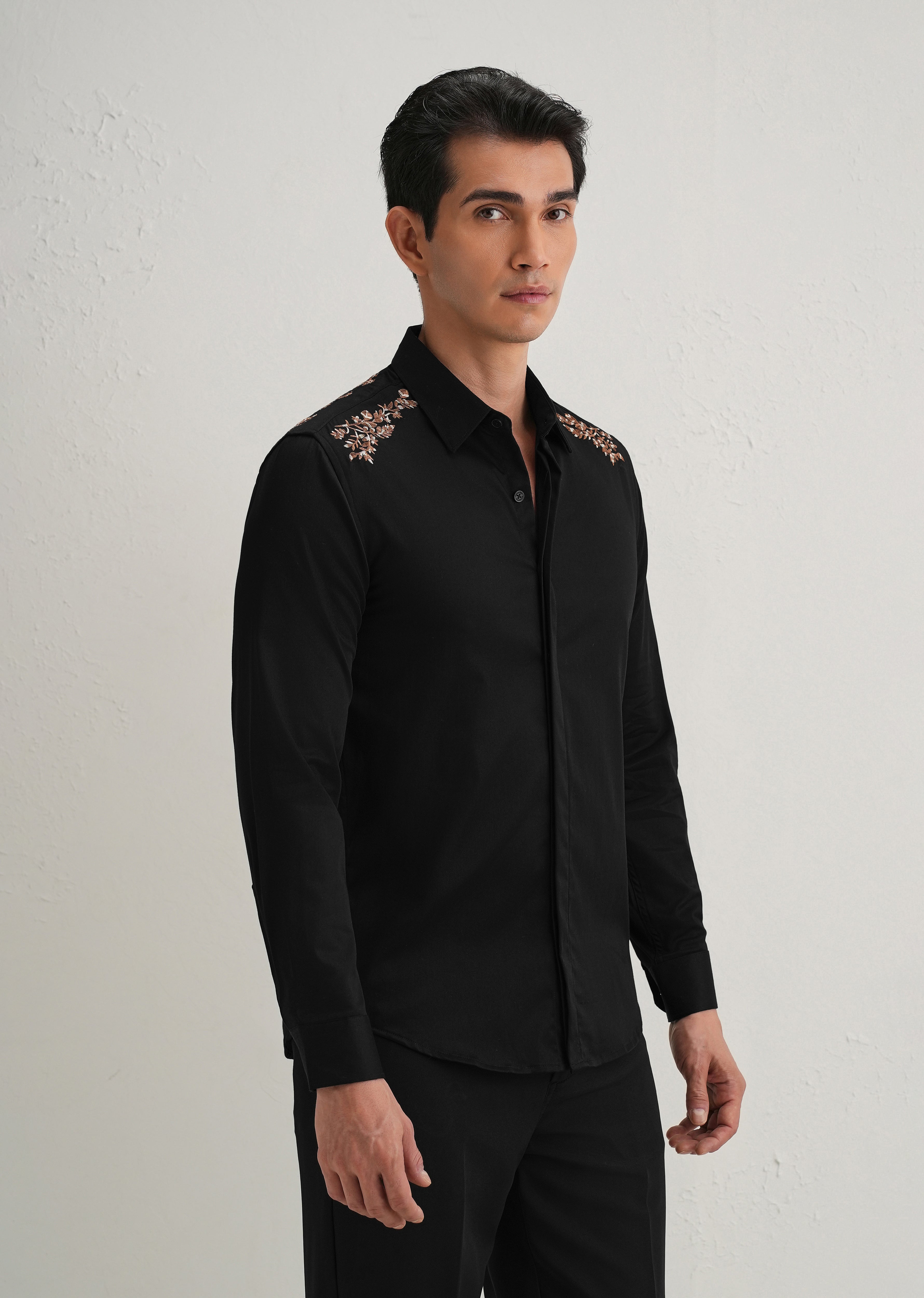 Black Shoulder Embroidery Designer Shirt