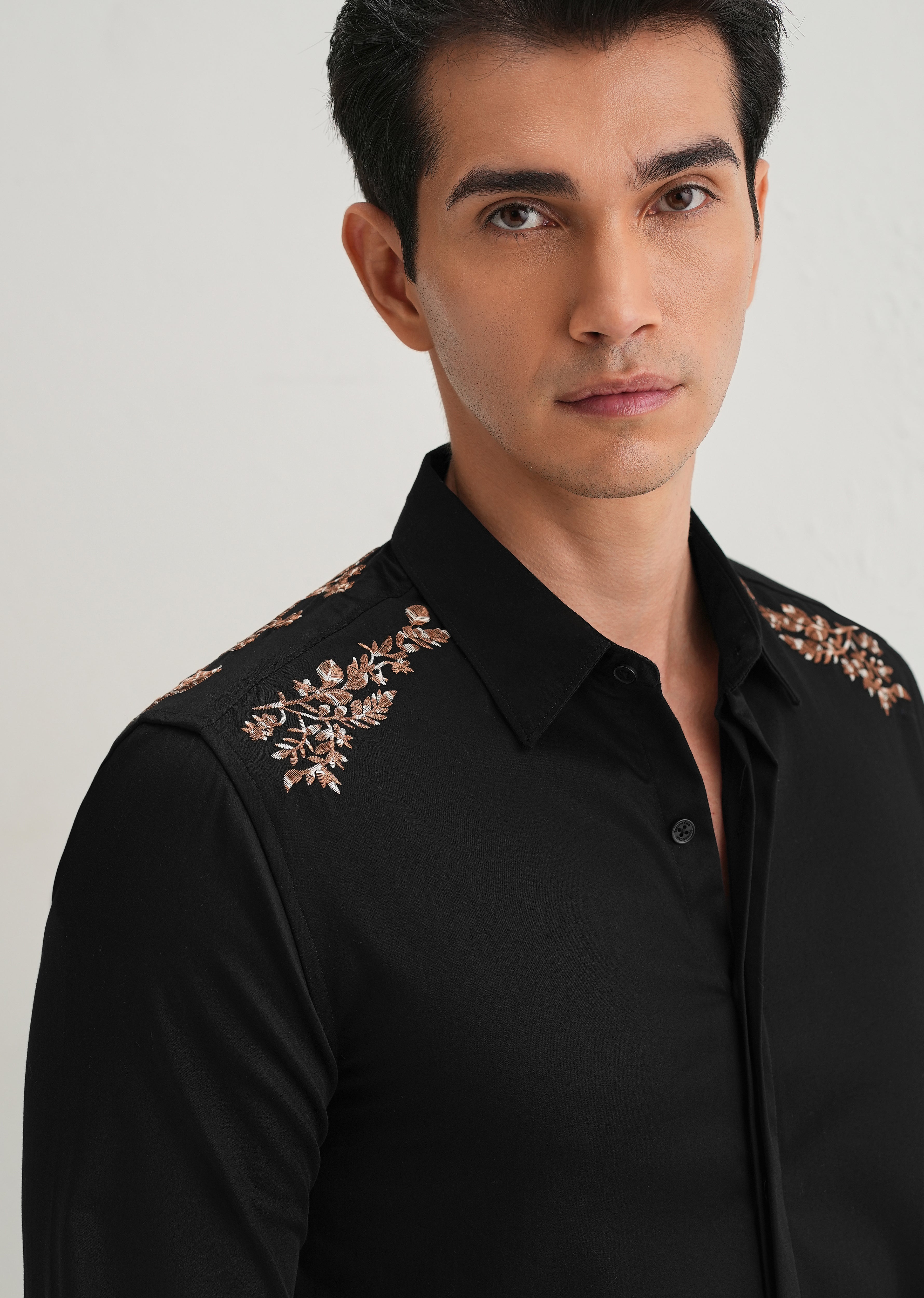 Black Shoulder Embroidery Designer Shirt
