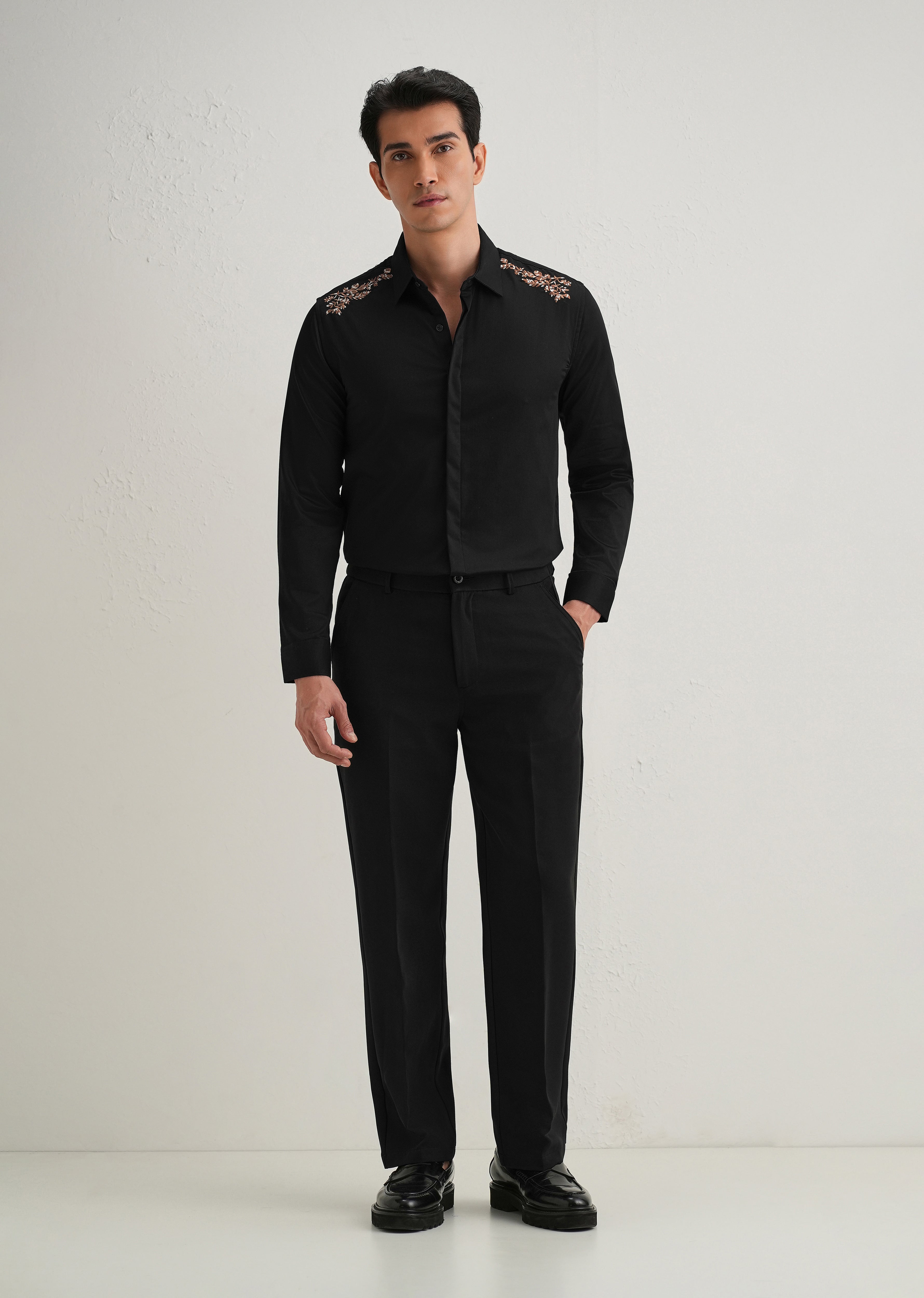 Black Shoulder Embroidery Designer Shirt