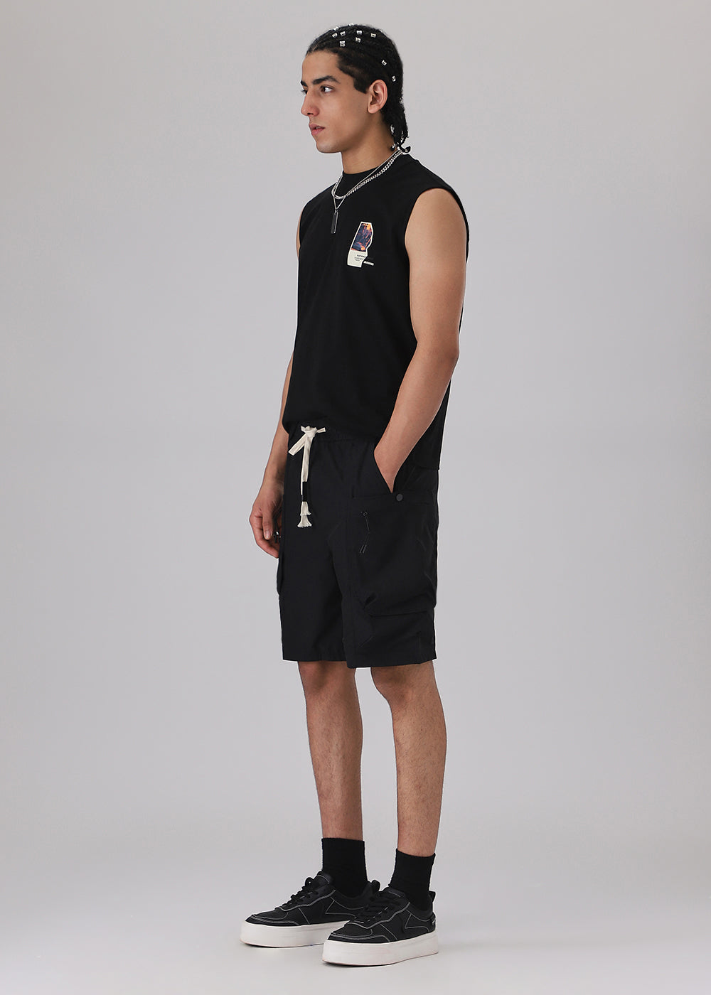 Black Snap Button Cargo Shorts