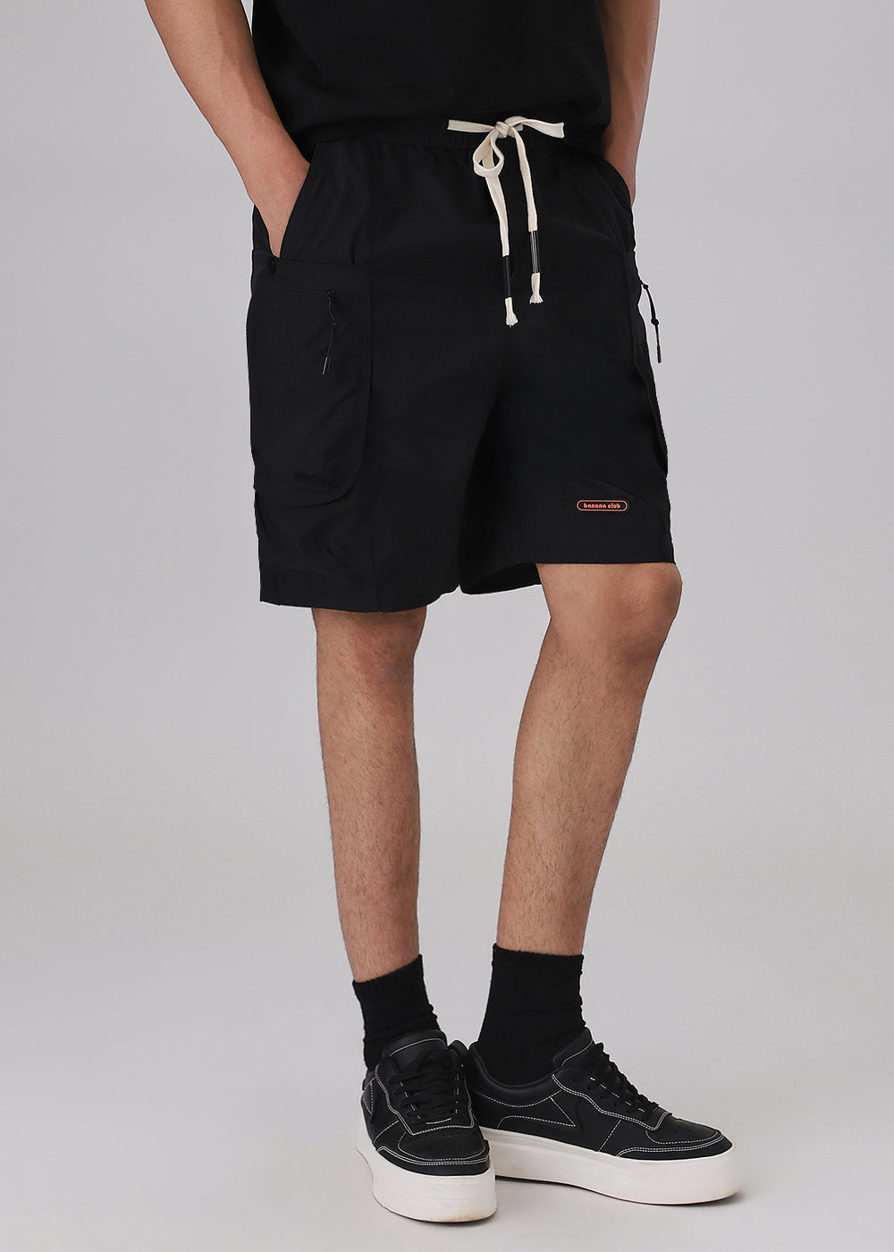 Black Snap Button Cargo Shorts