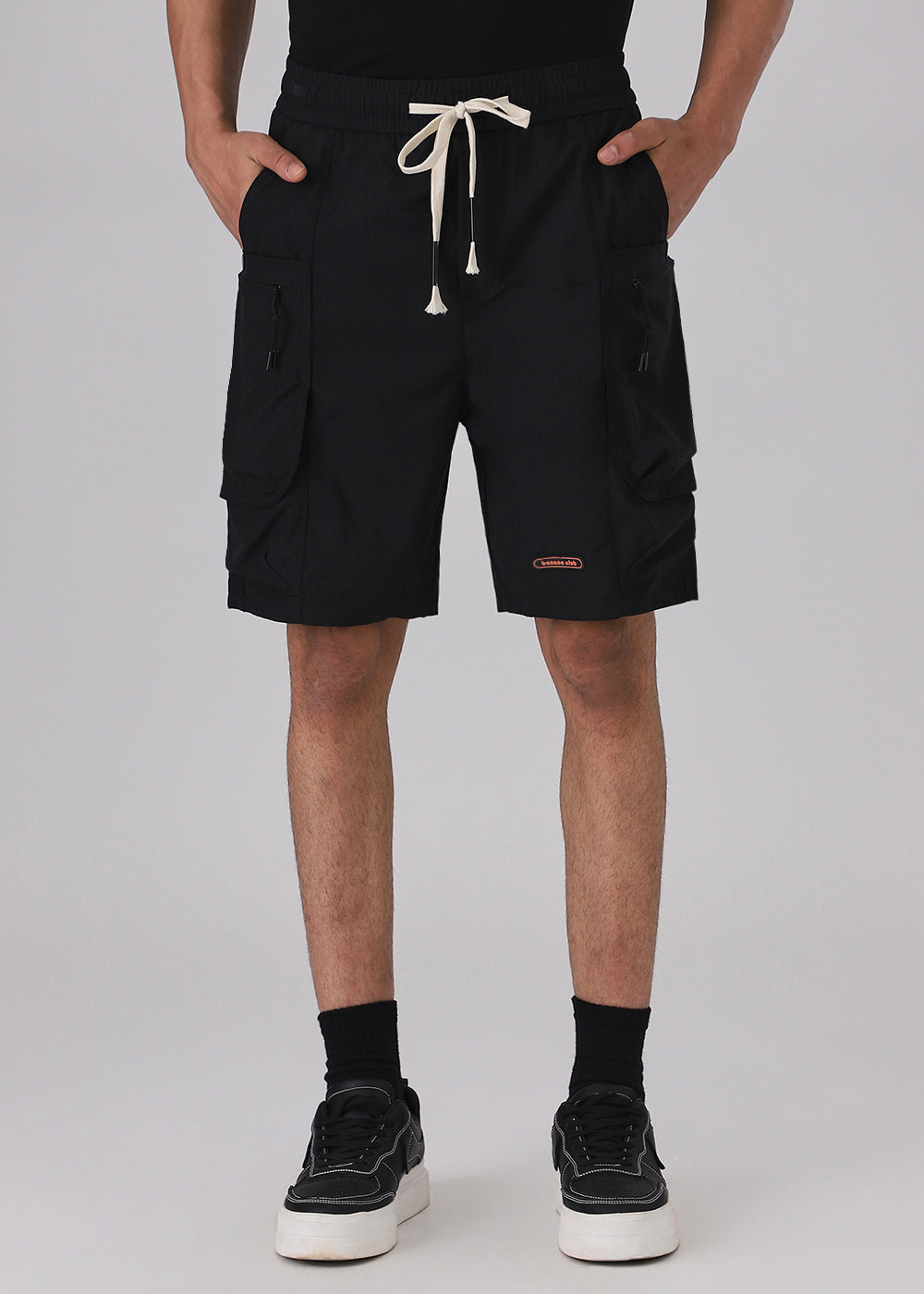 Black Snap Button Cargo Shorts