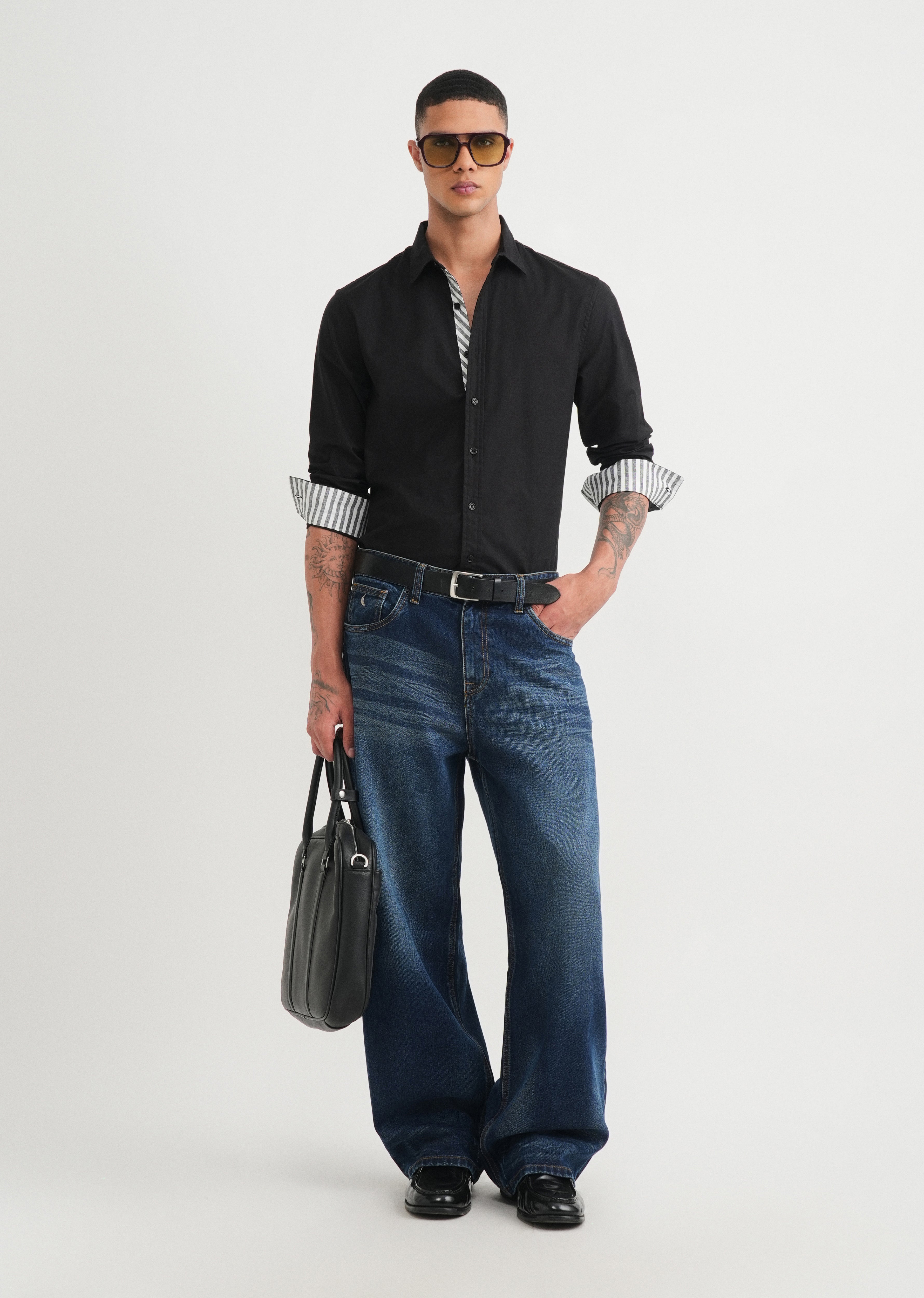 Black Striped Placket Cotton Shirt