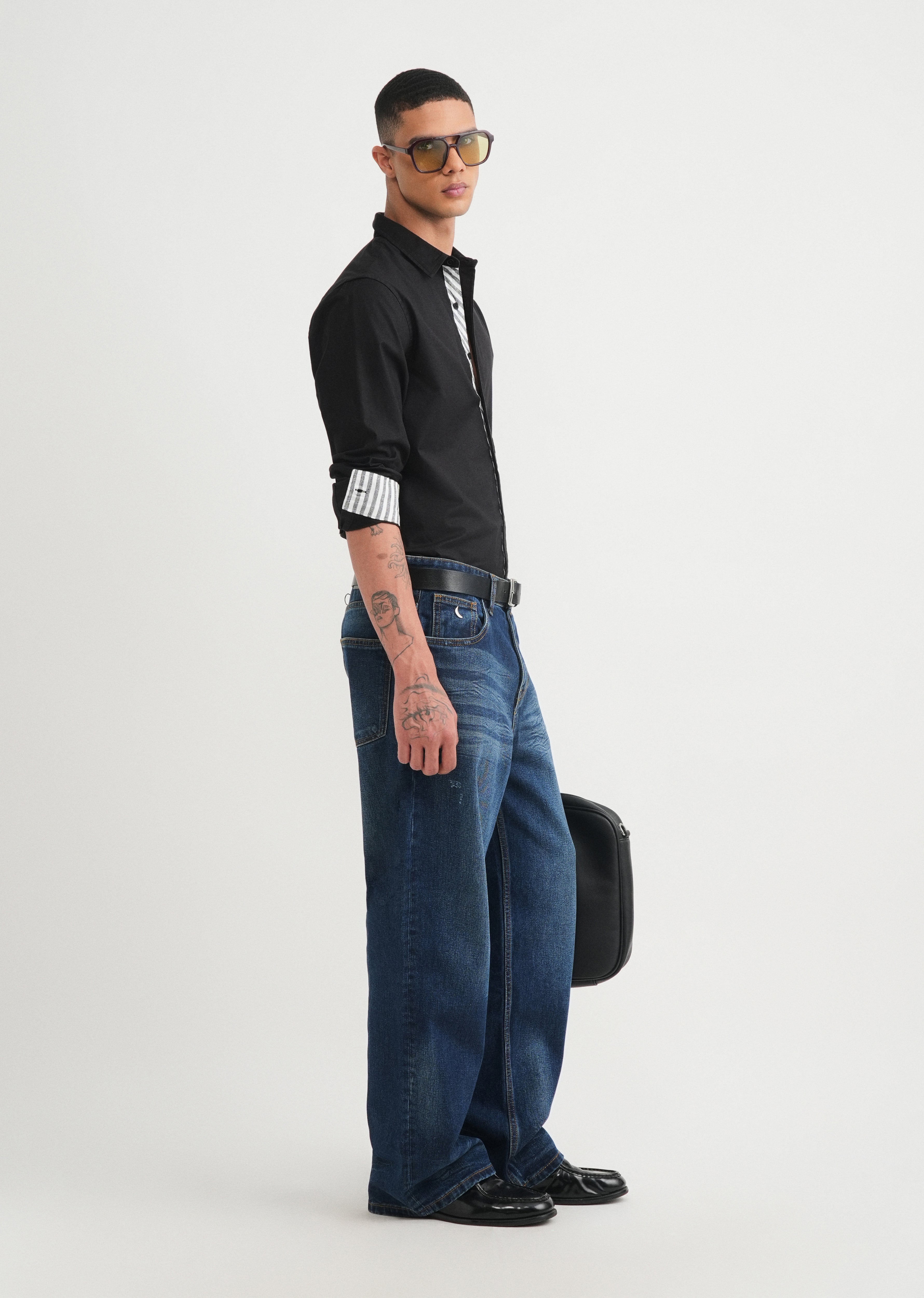 Black Striped Placket Cotton Shirt