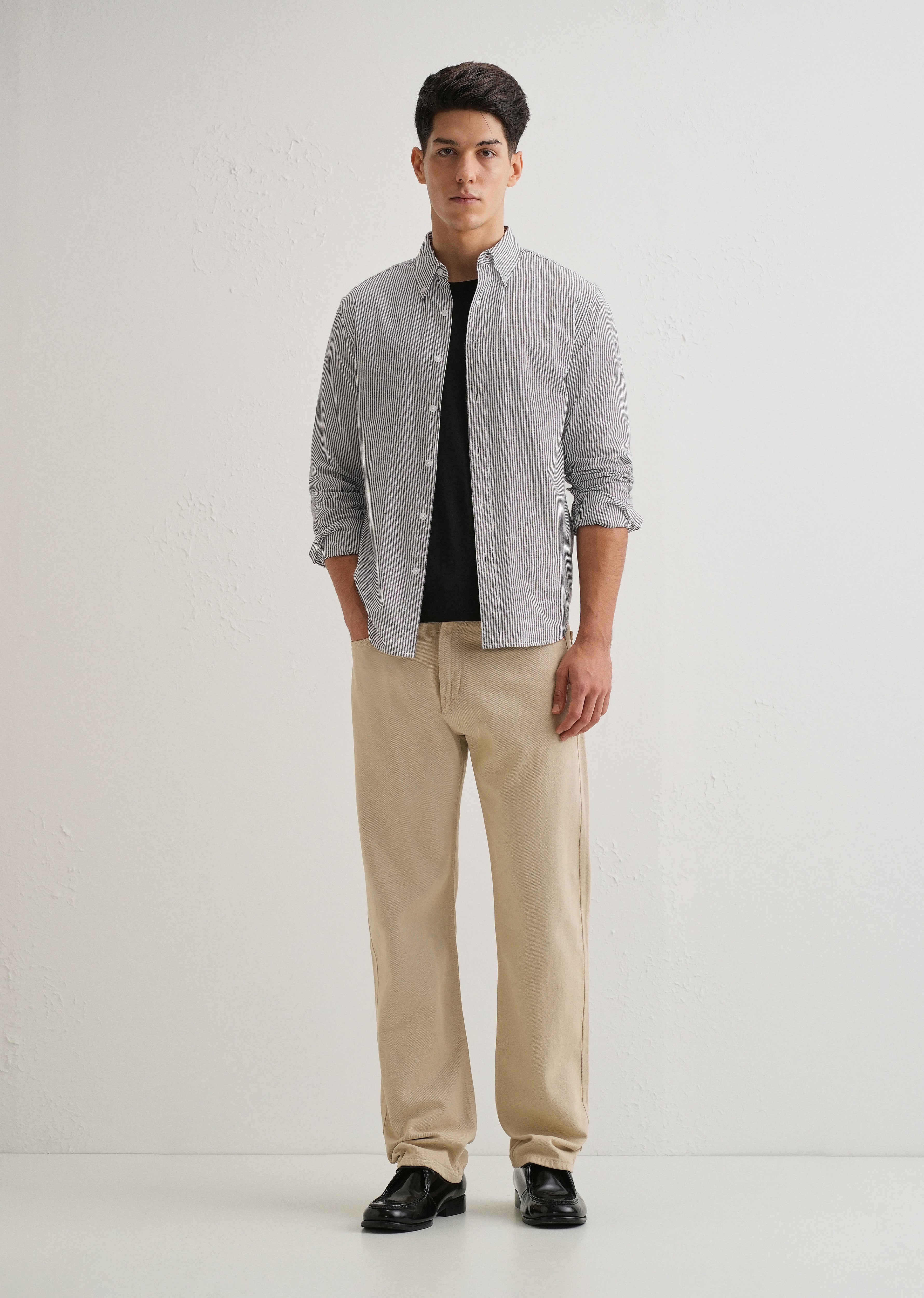 Black Striped Cotton Linen Shirt