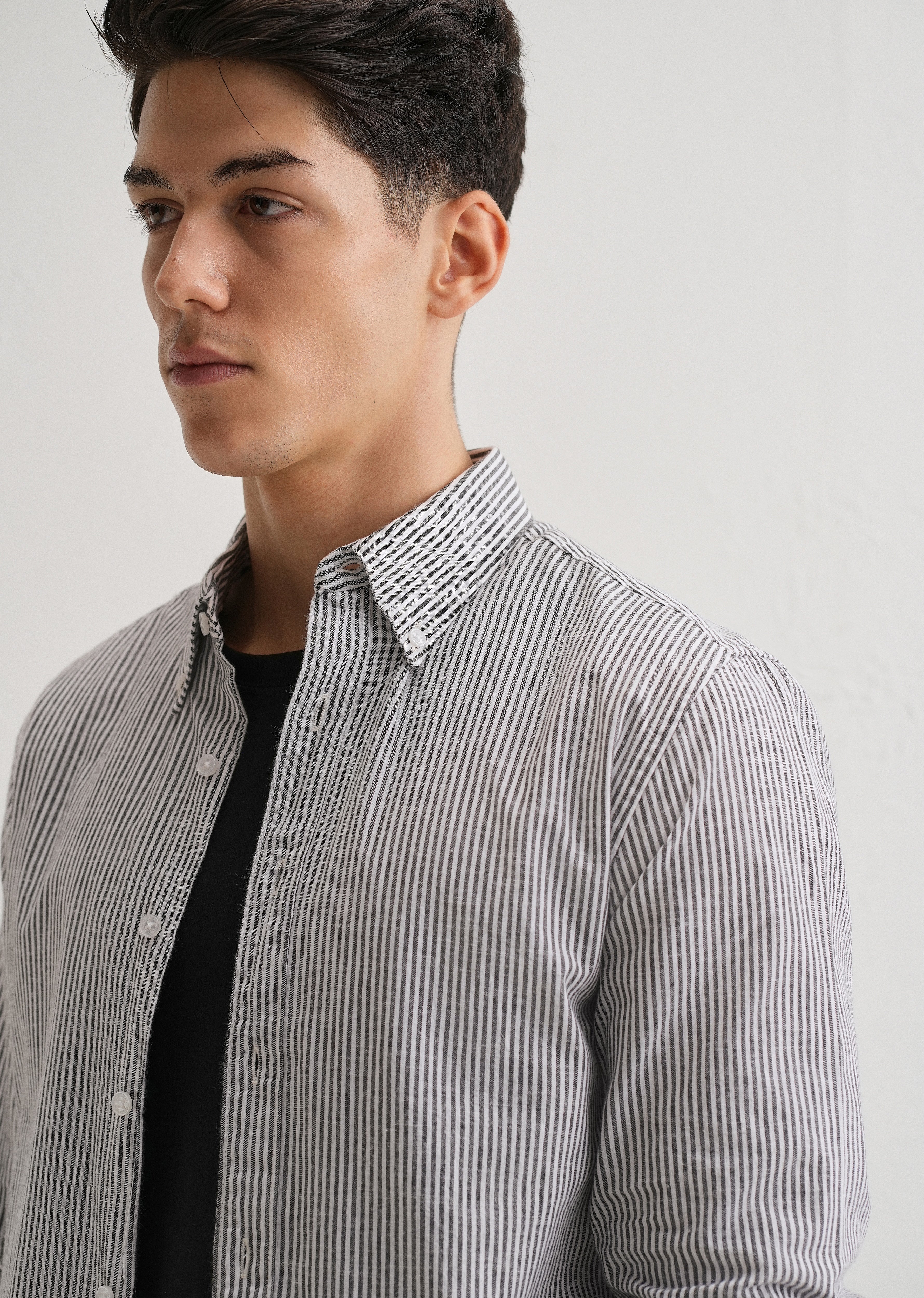 Black Striped Cotton Linen Shirt