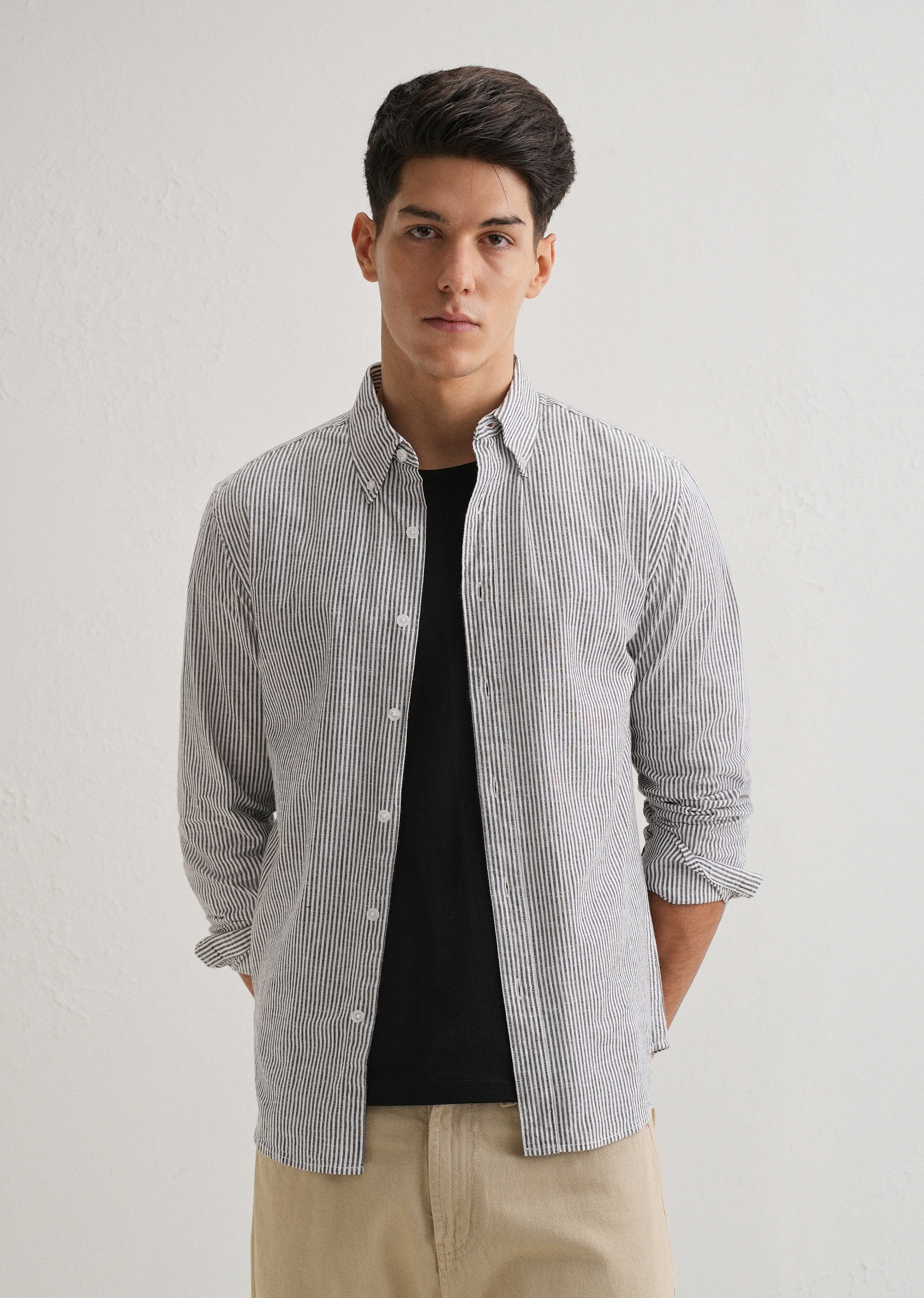 Black Striped Cotton Linen Shirt