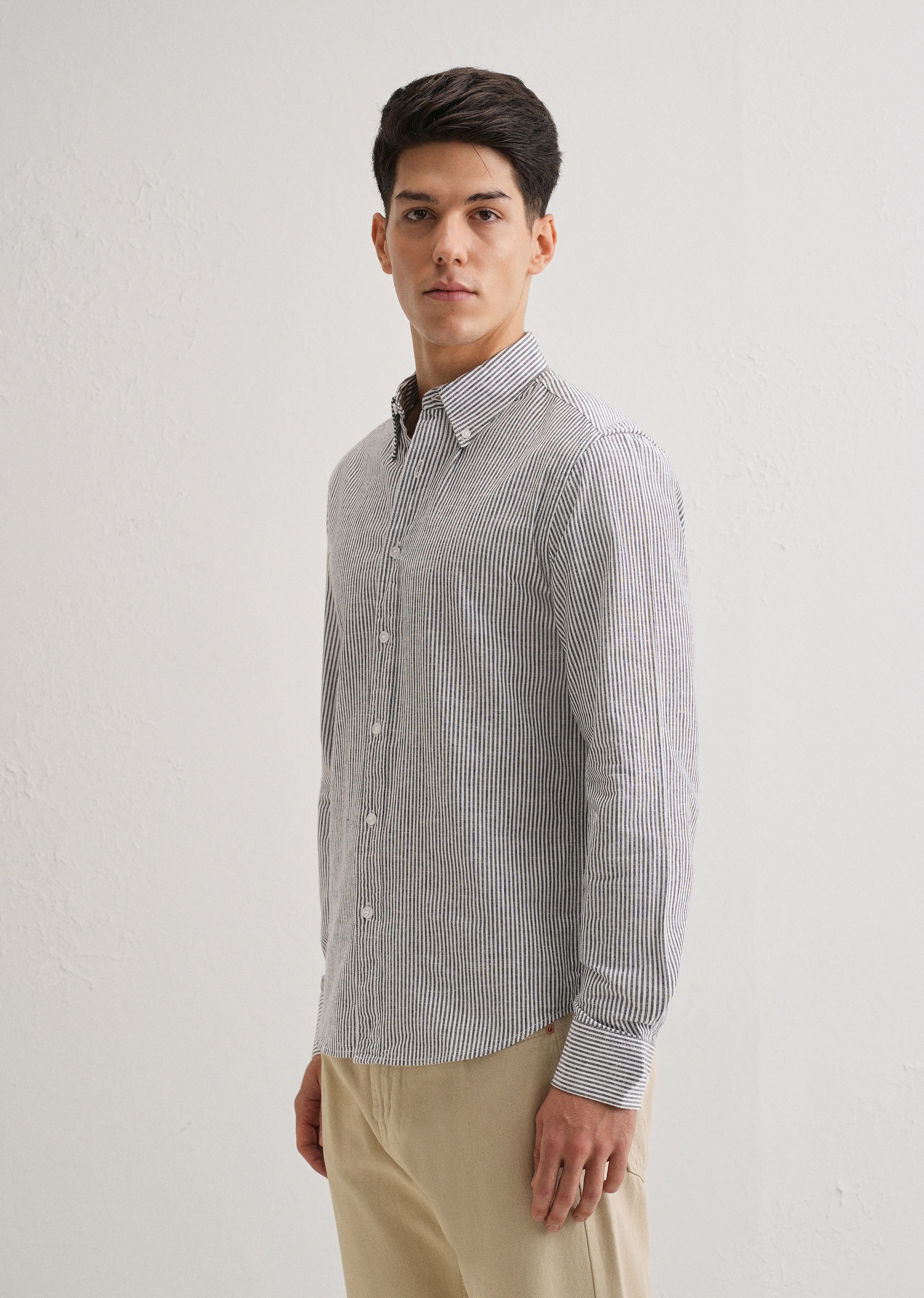 Black Striped Cotton Linen Shirt