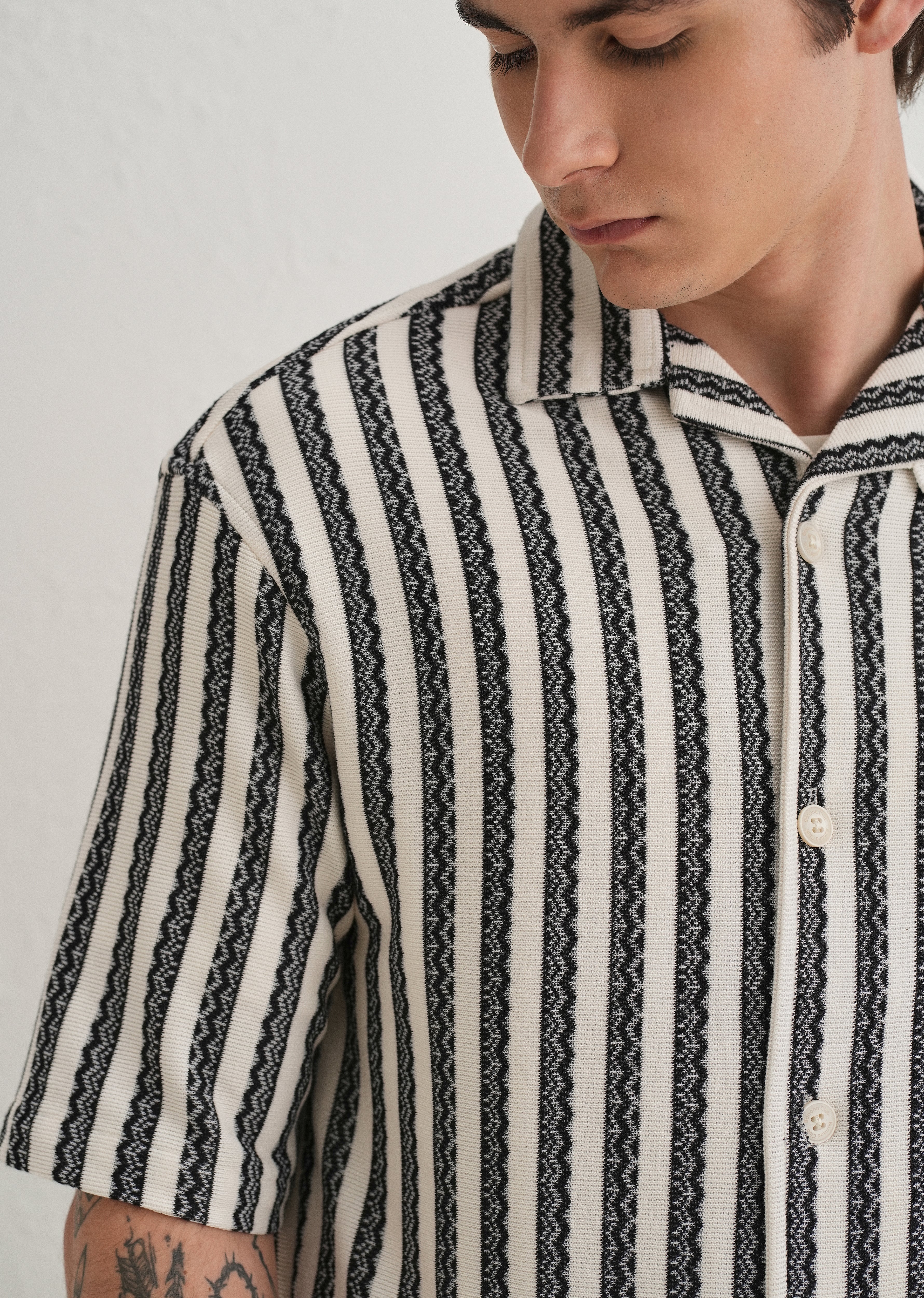 Black Striped Knit Cuban Collar Shirt
