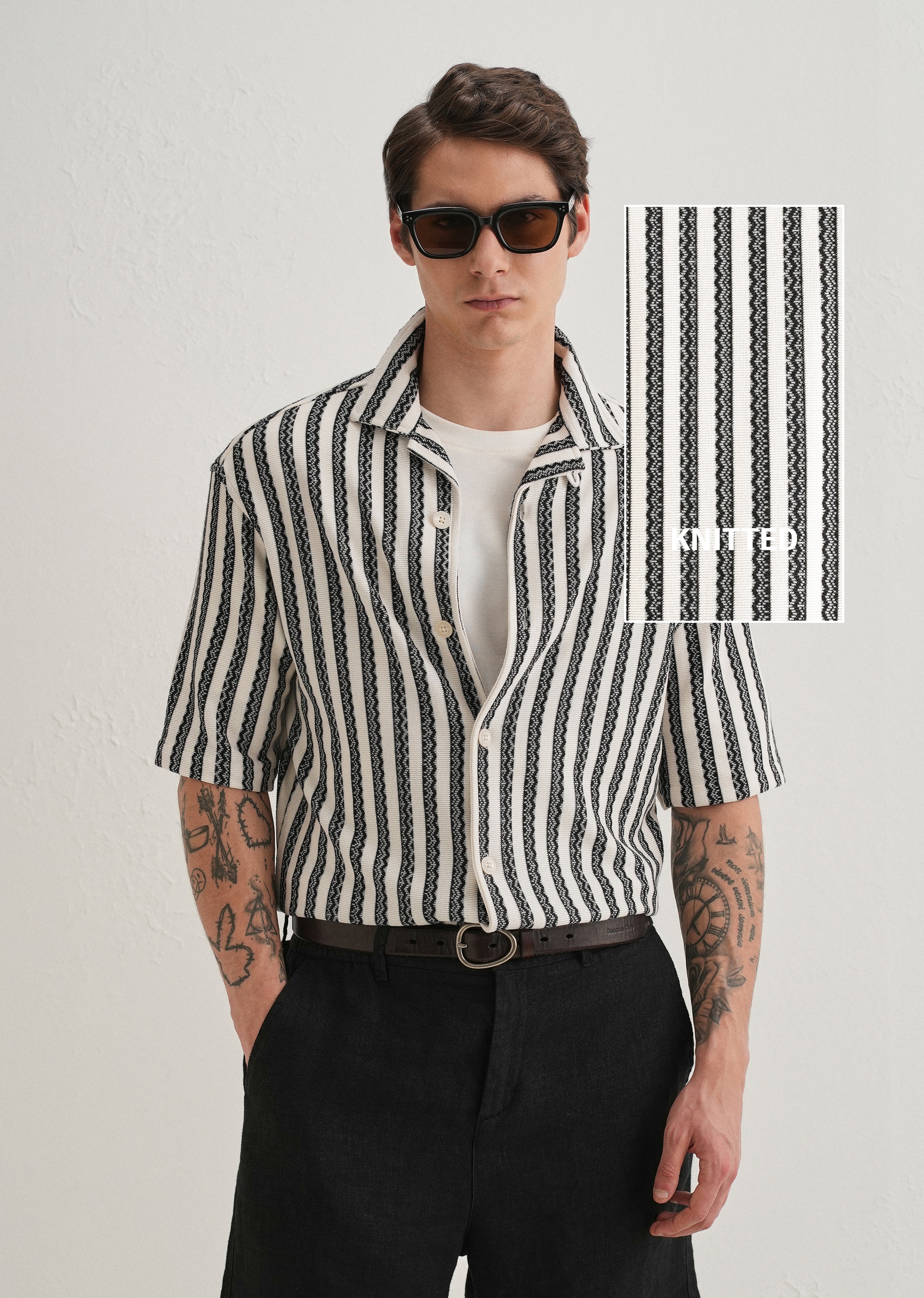 Black Striped Knit Cuban Collar Shirt