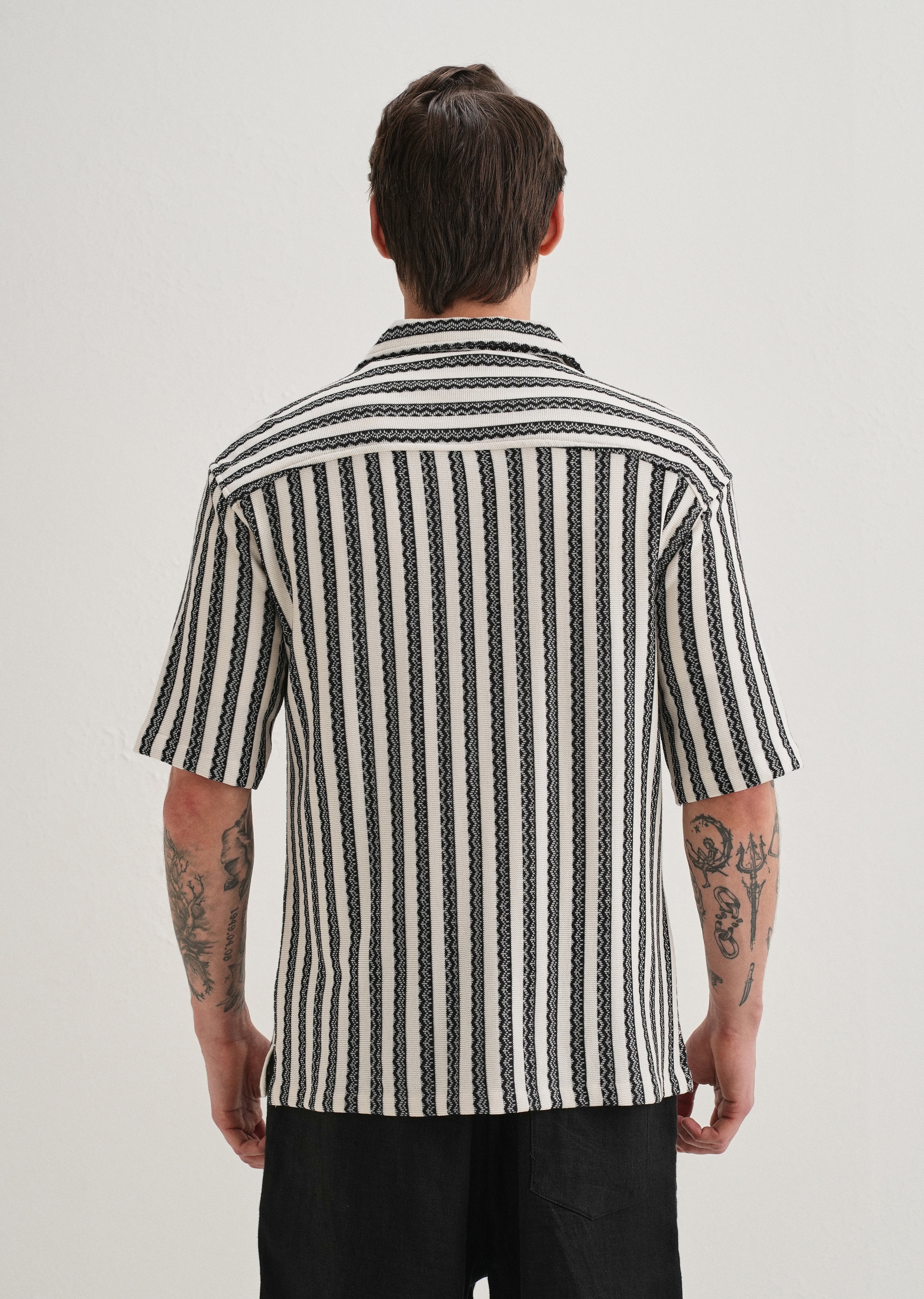 Black Striped Knit Cuban Collar Shirt