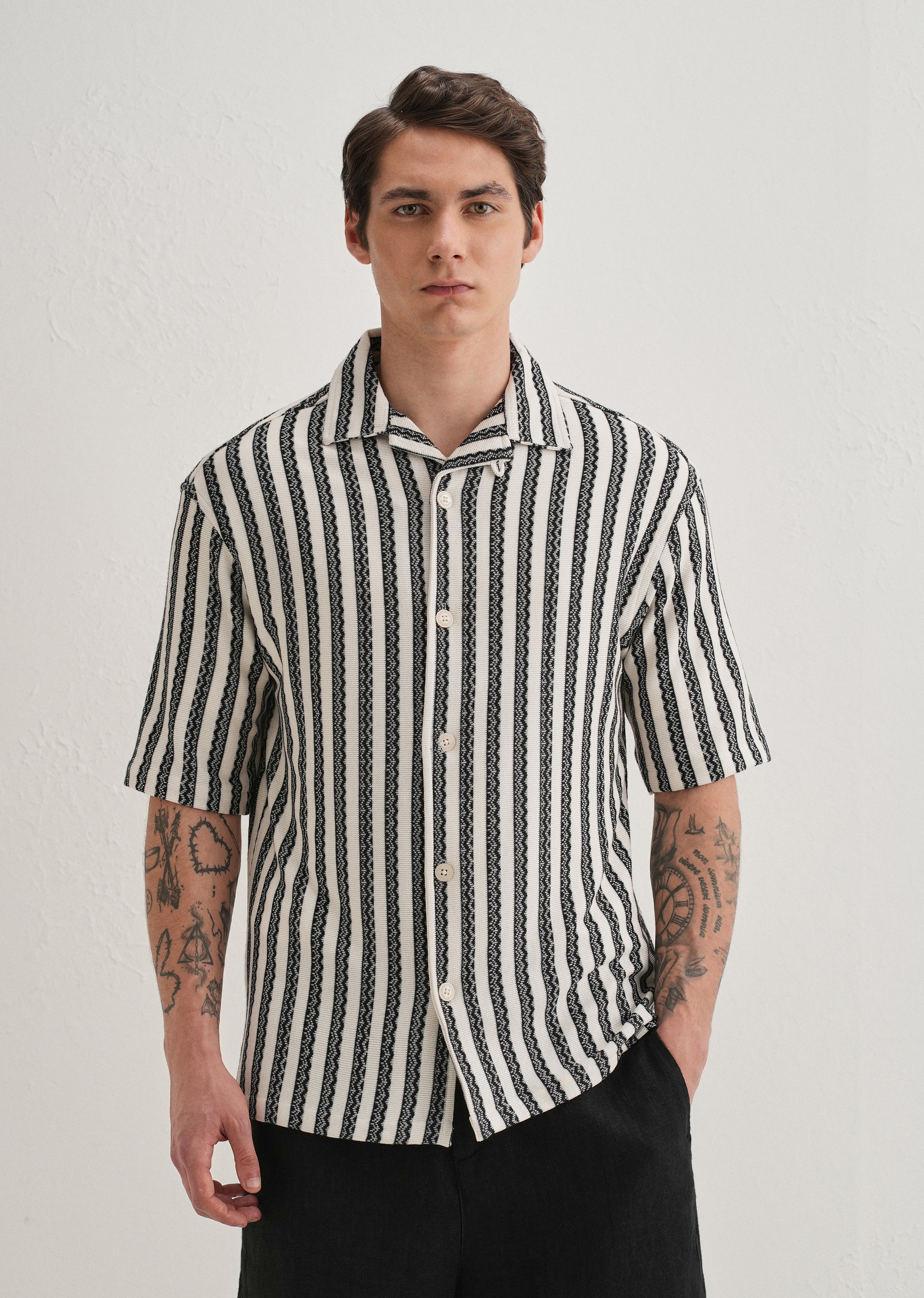 Black Striped Knit Cuban Collar Shirt