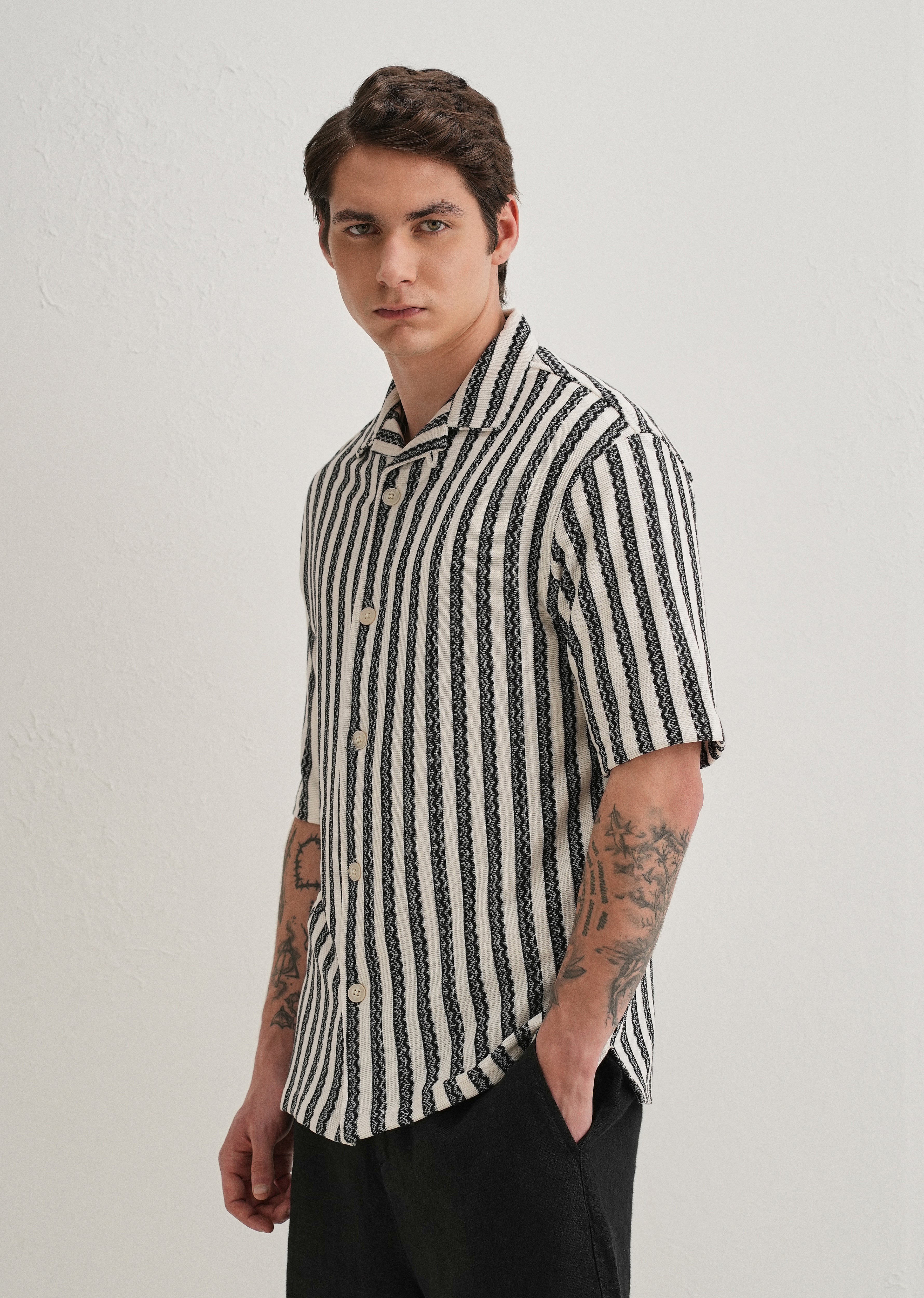 Black Striped Knit Cuban Collar Shirt