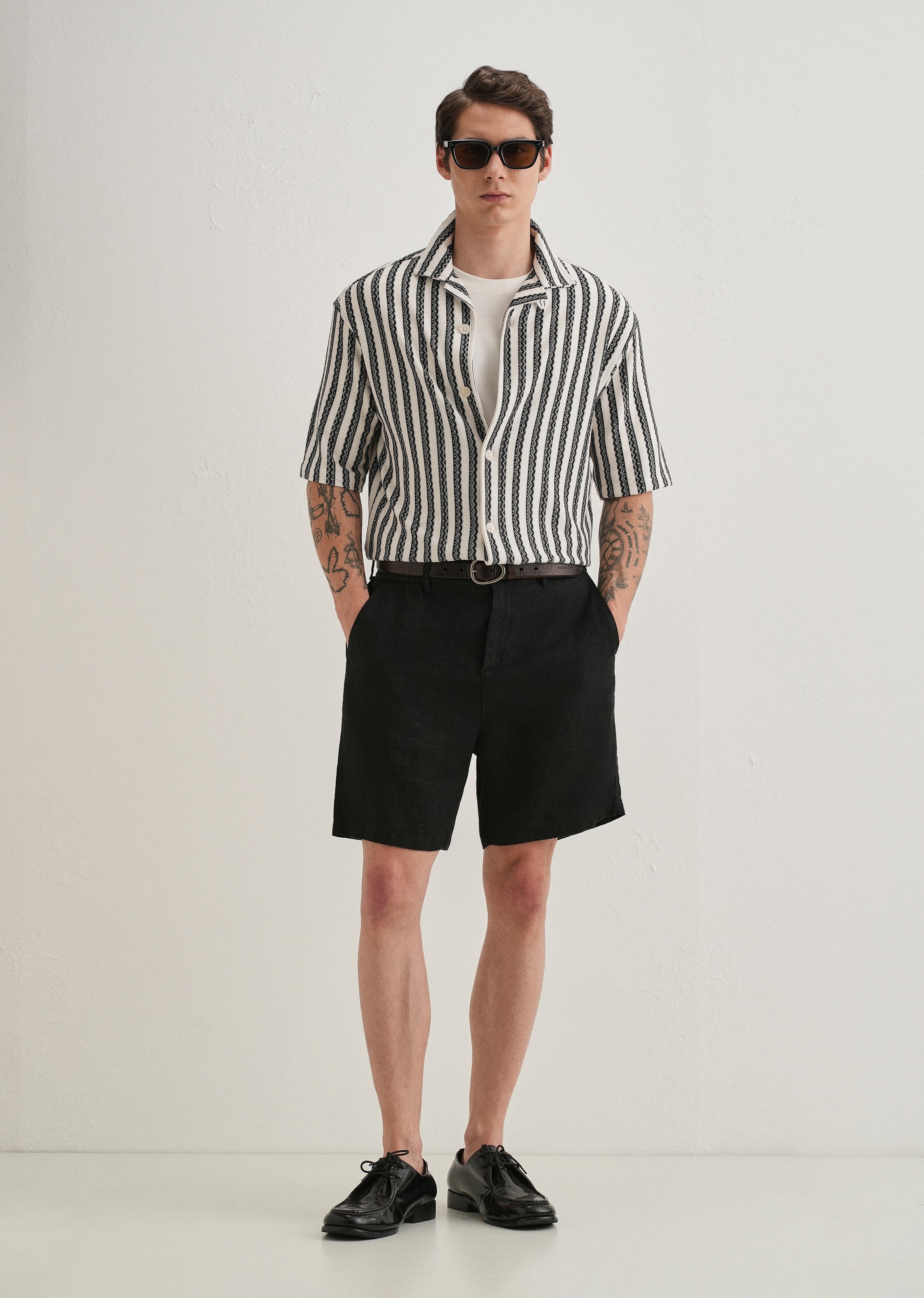 Black Striped Knit Cuban Collar Shirt