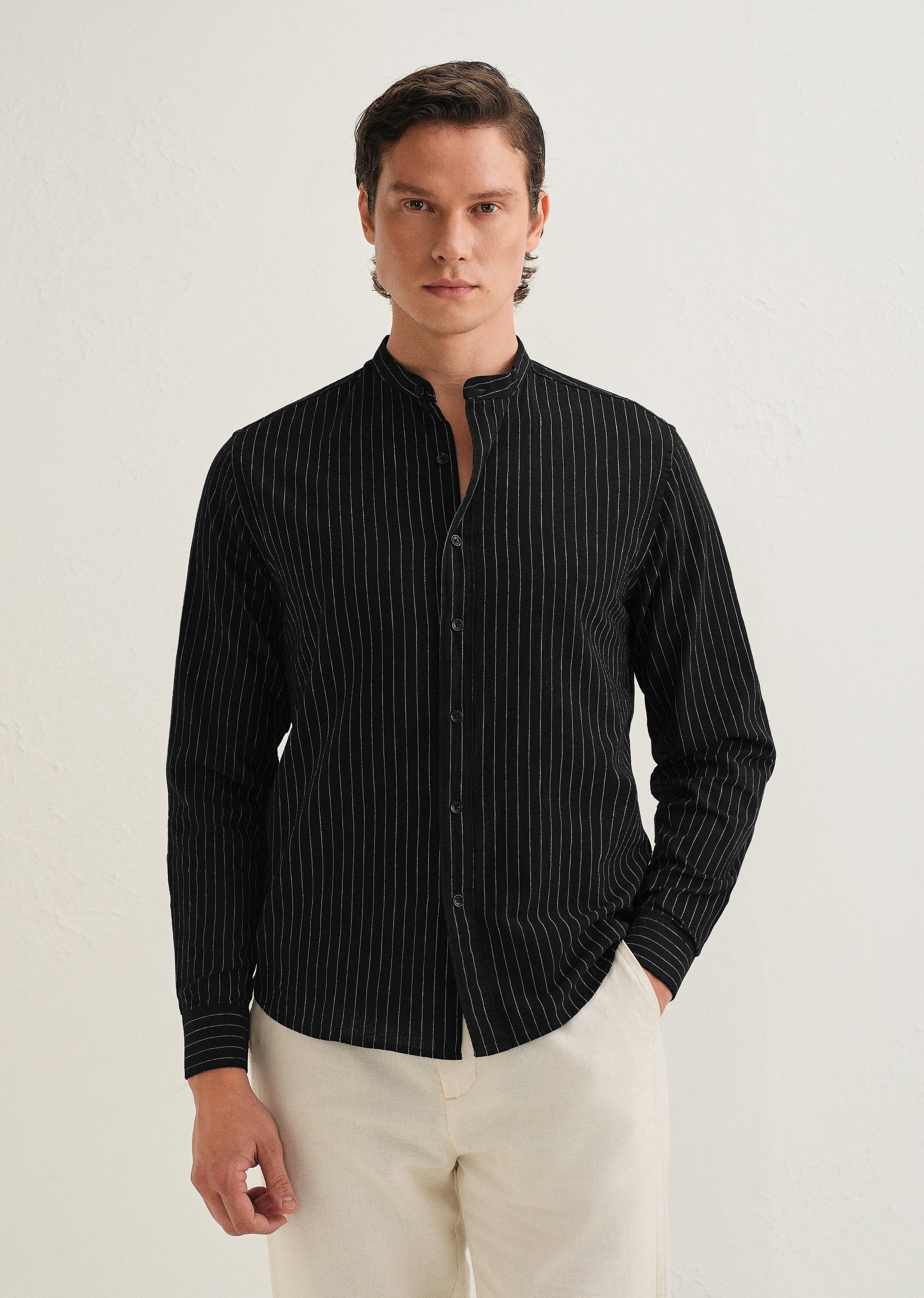 Black Striped Mandarin Collar Cotton Shirt