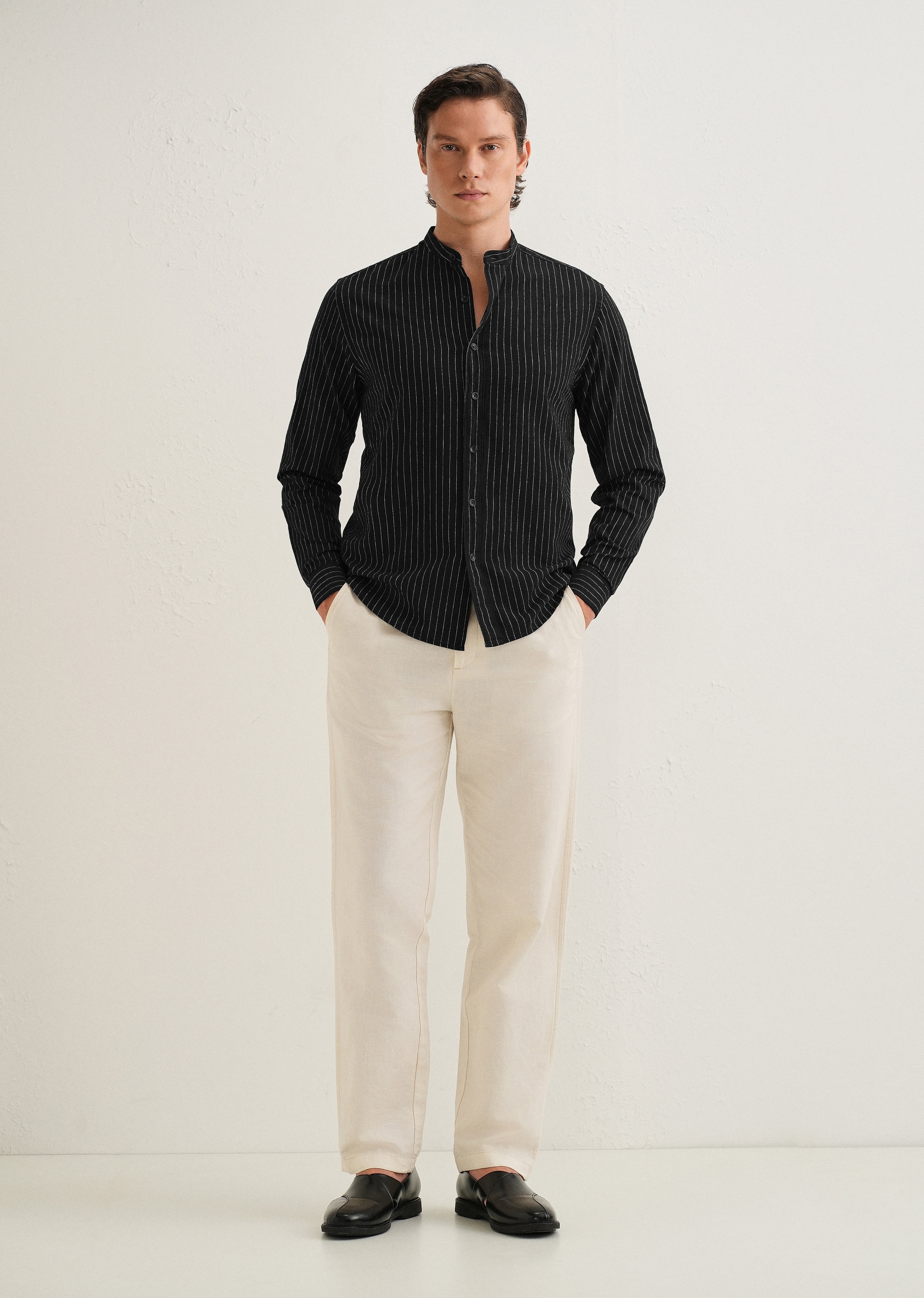 Black Striped Mandarin Collar Cotton Shirt