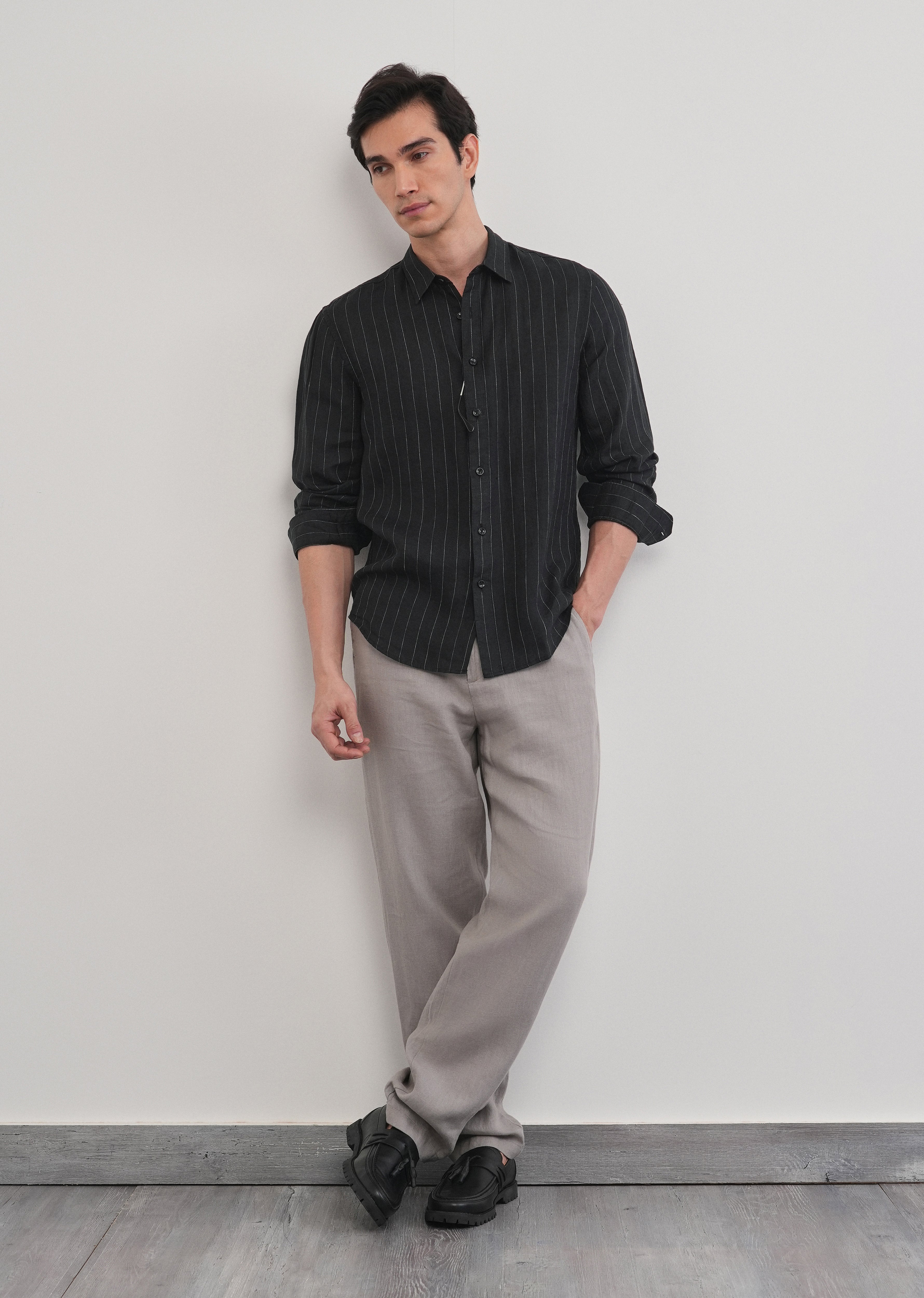 Black Striped Pure Linen Shirt