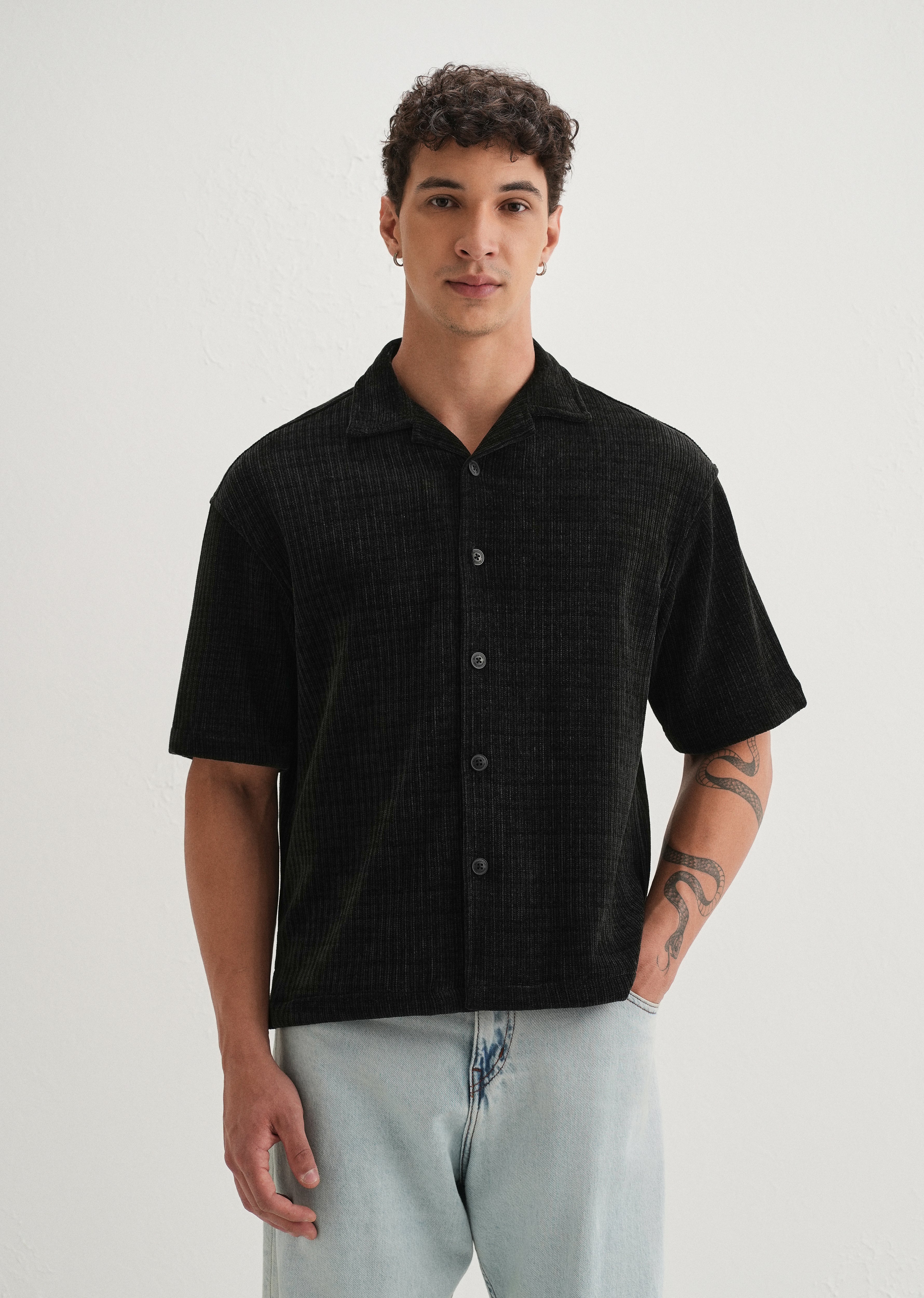 Black Suede Knit Half Sleeve Shirt
