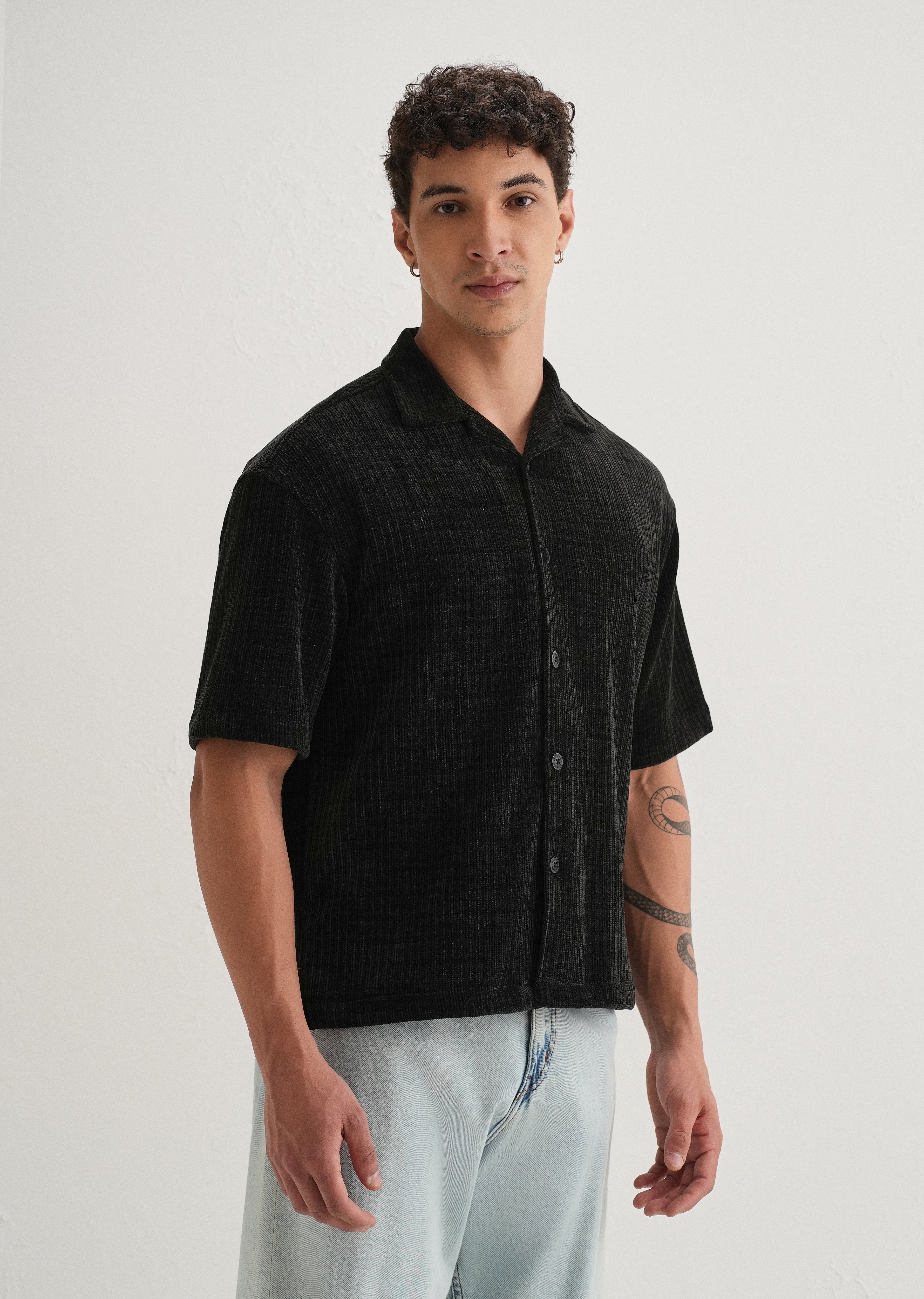 Black Suede Knit Half Sleeve Shirt