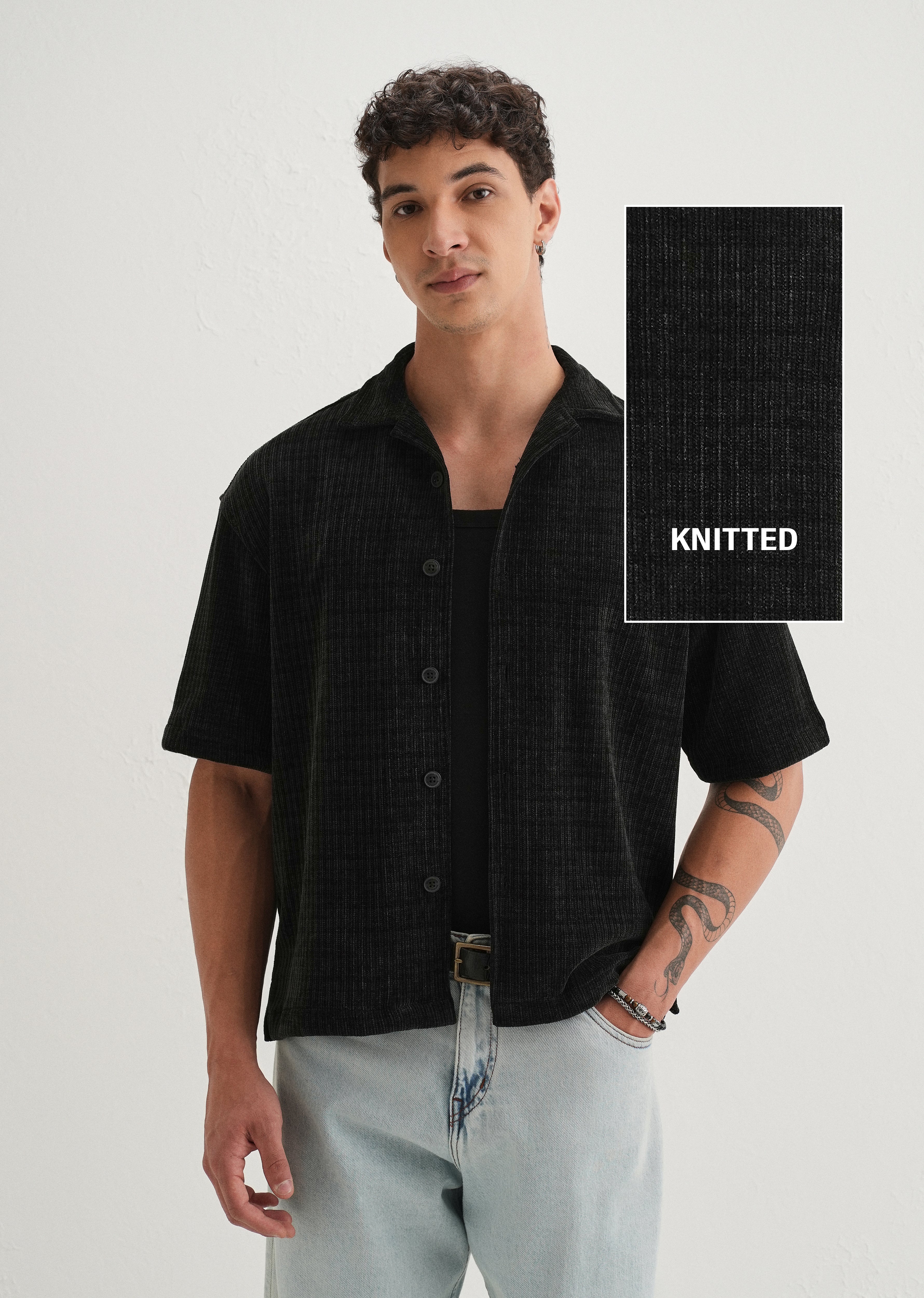 Black Suede Knit Half Sleeve Shirt