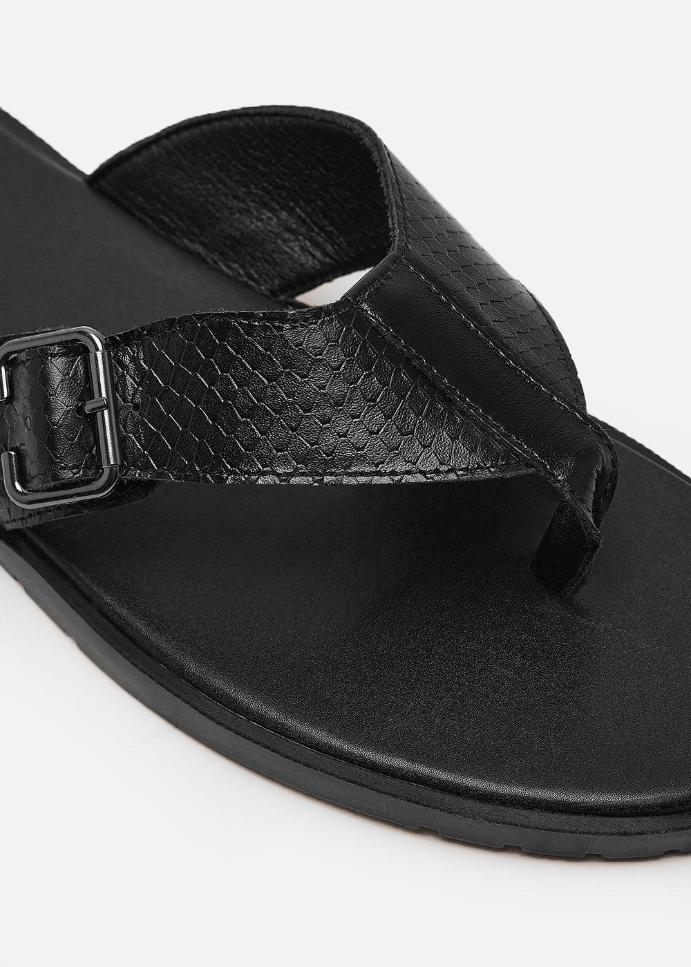 Black Textured Buckle Strap Sandals