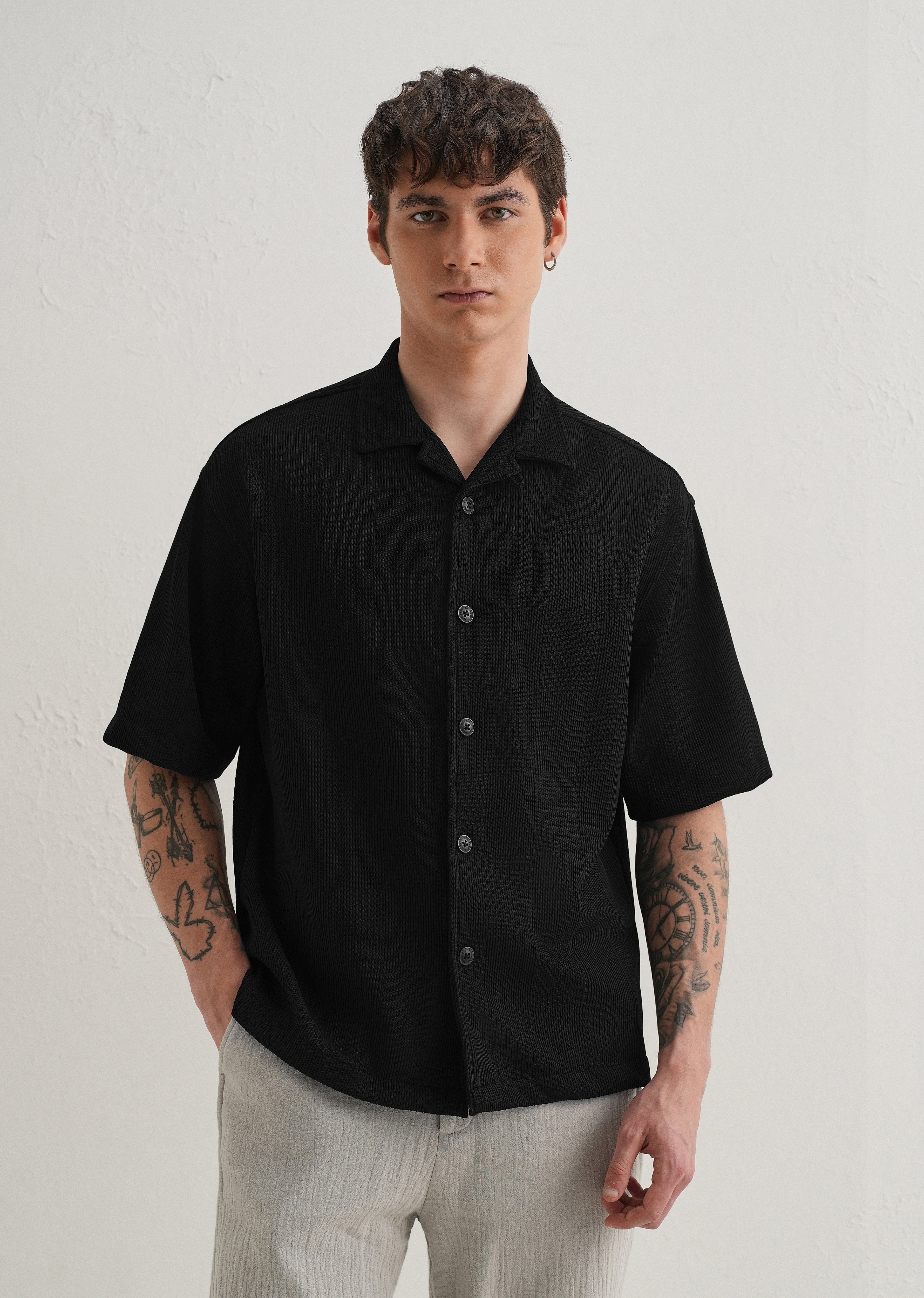 Black Textured Check Knit Shirt