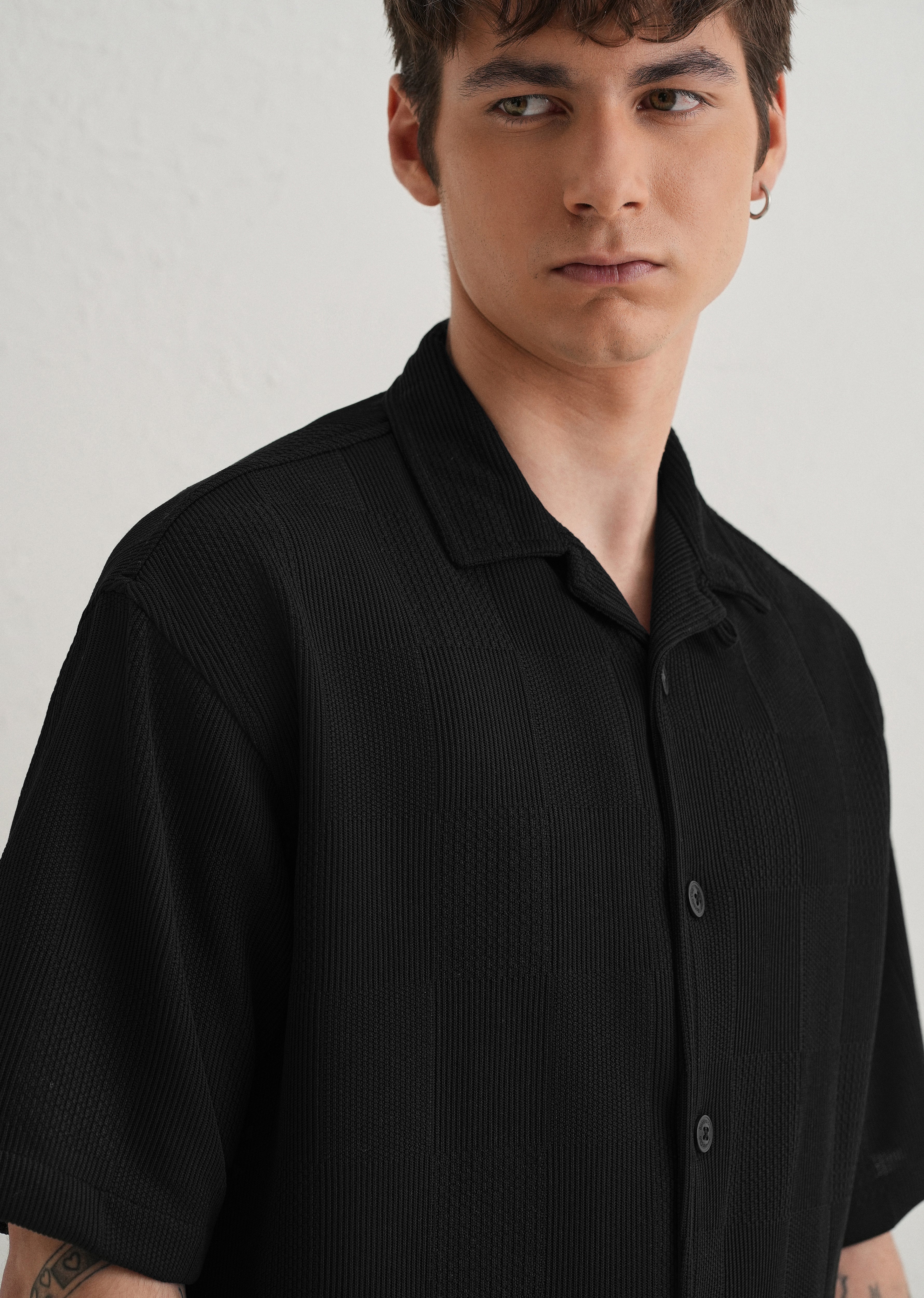 Black Textured Check Knit Shirt
