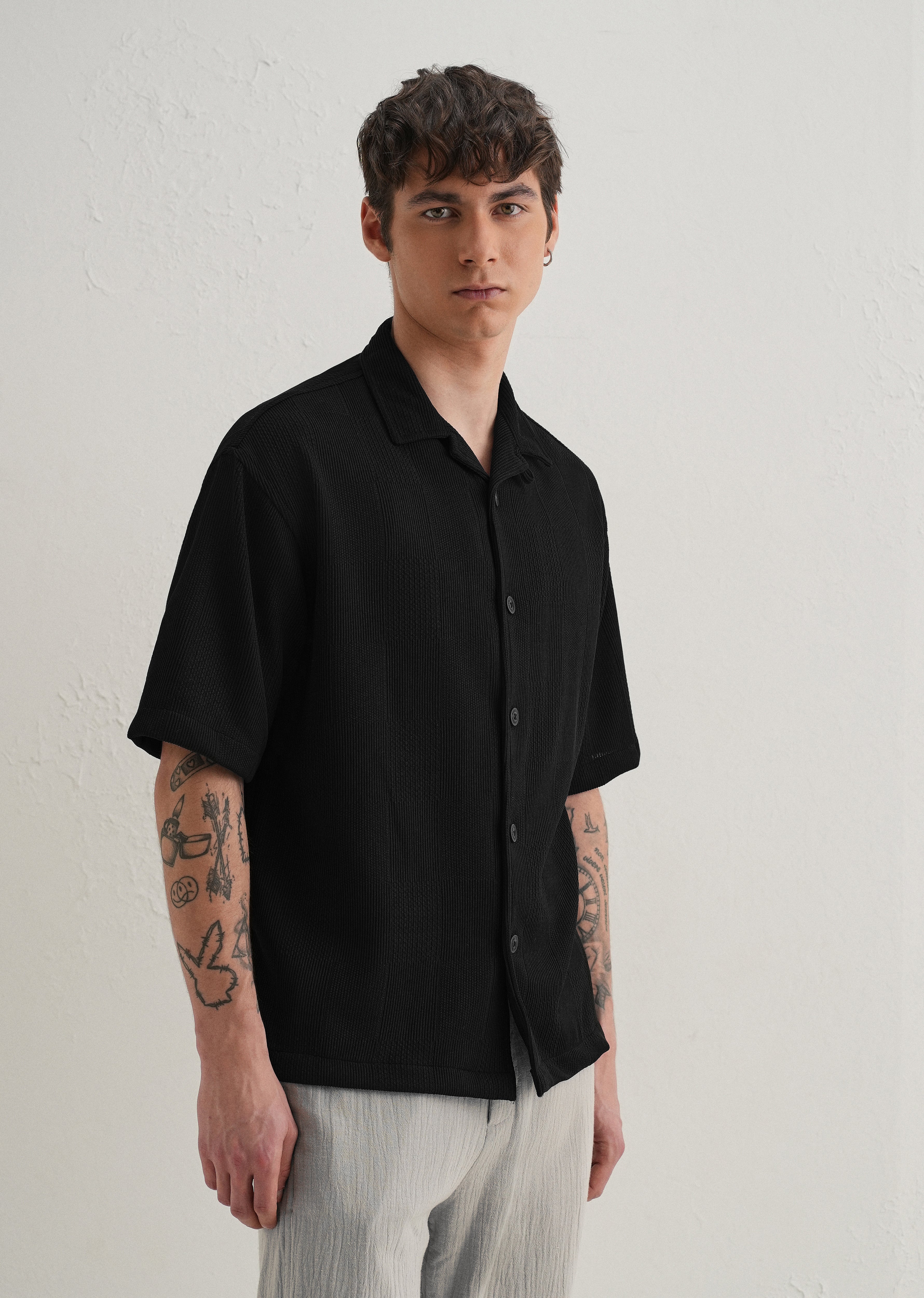 Black Textured Check Knit Shirt