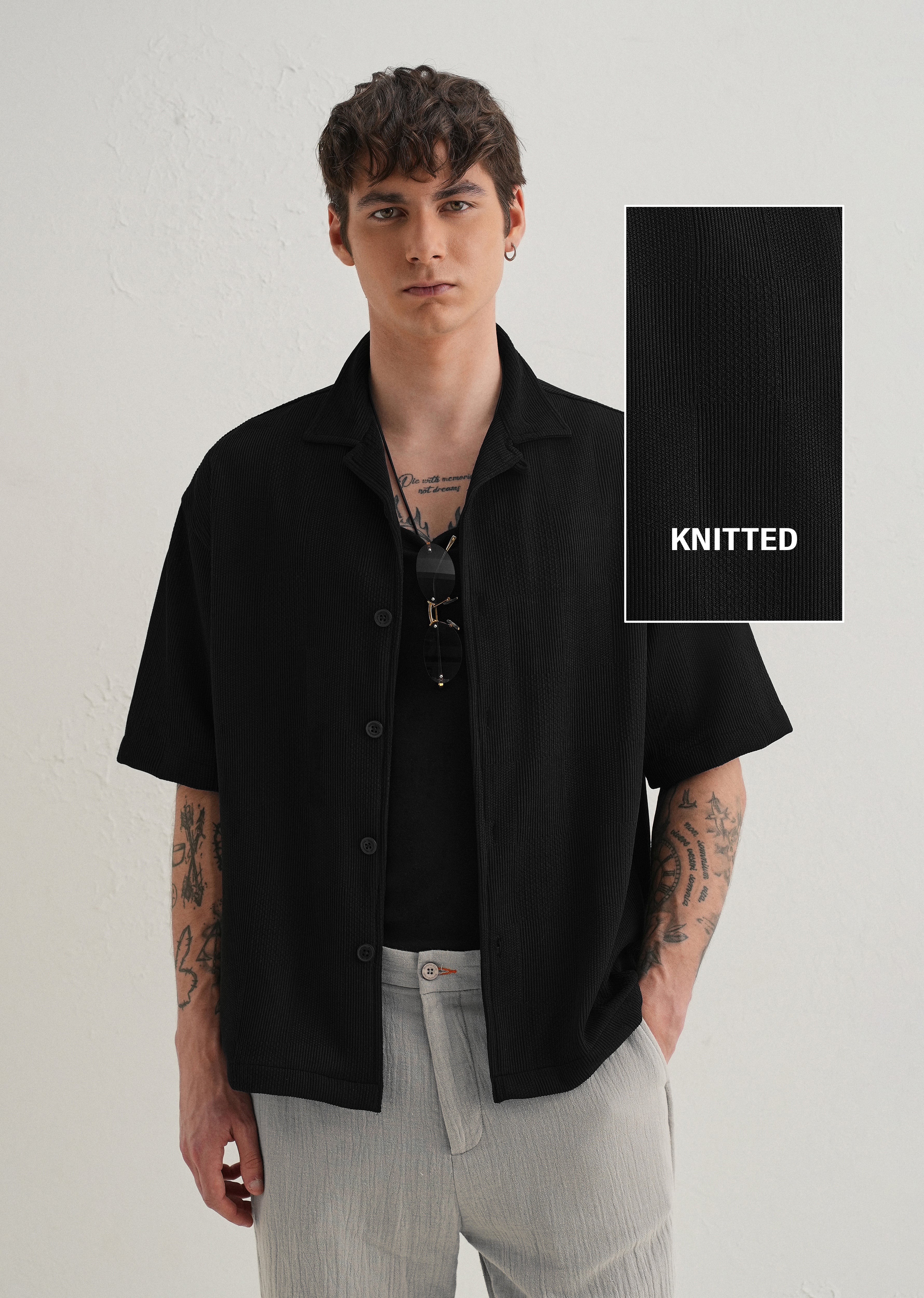 Black Textured Check Knit Shirt