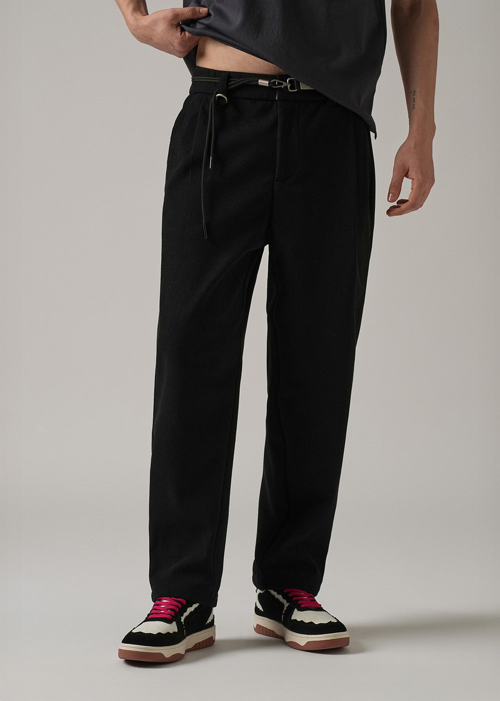Black Textured Corduroy Belt Pant