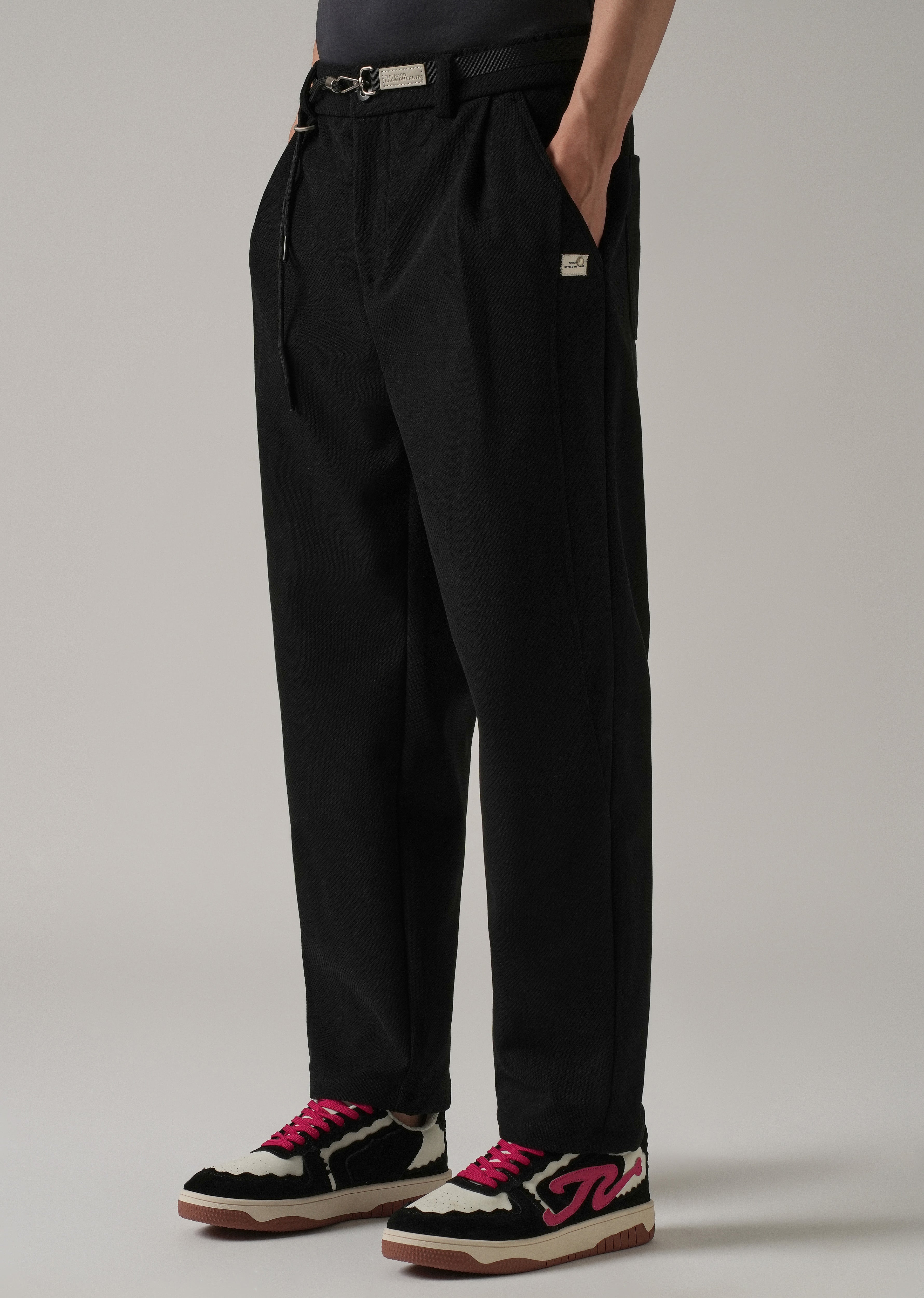 Black Textured Corduroy Belt Pant