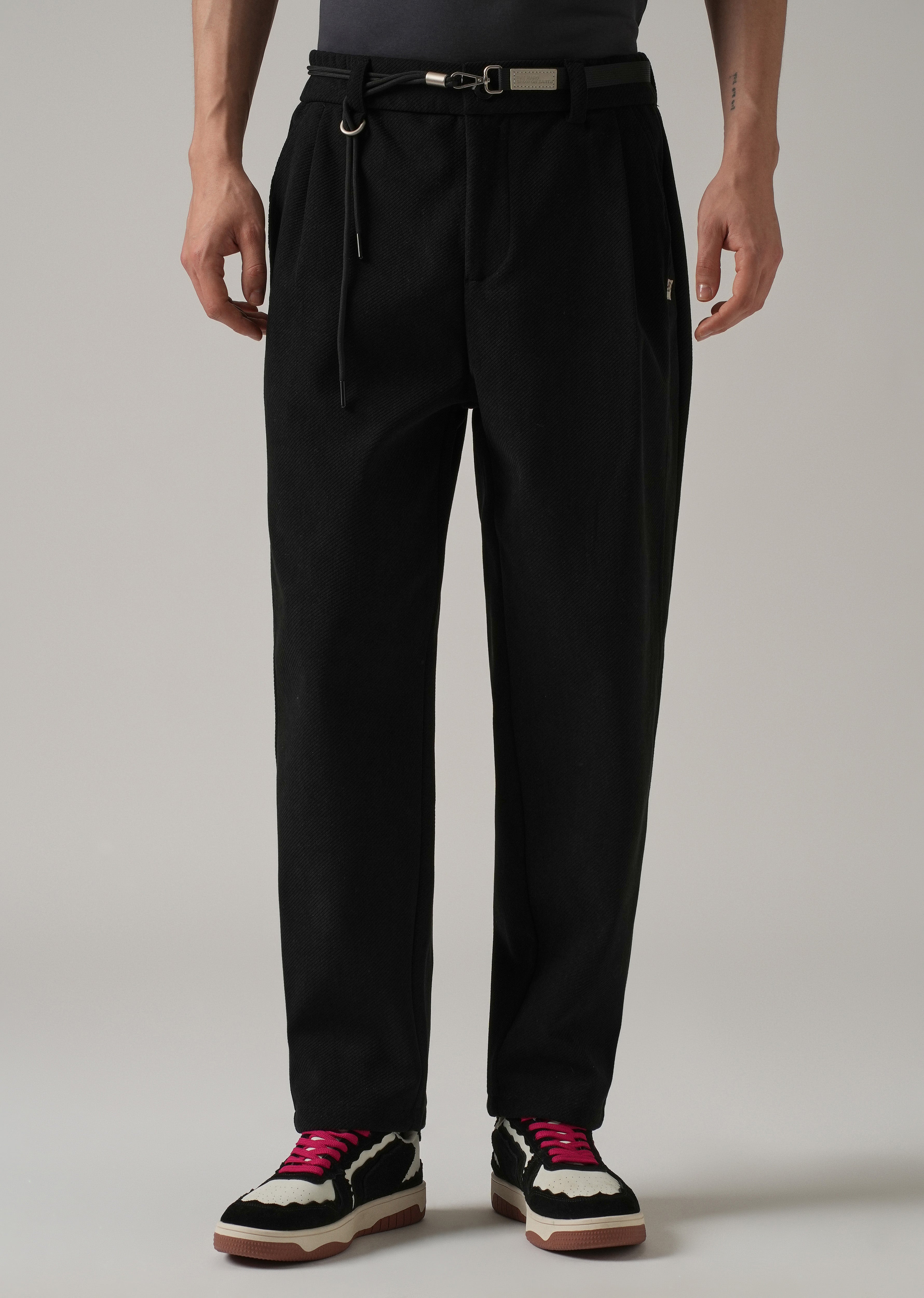 Black Textured Corduroy Belt Pant