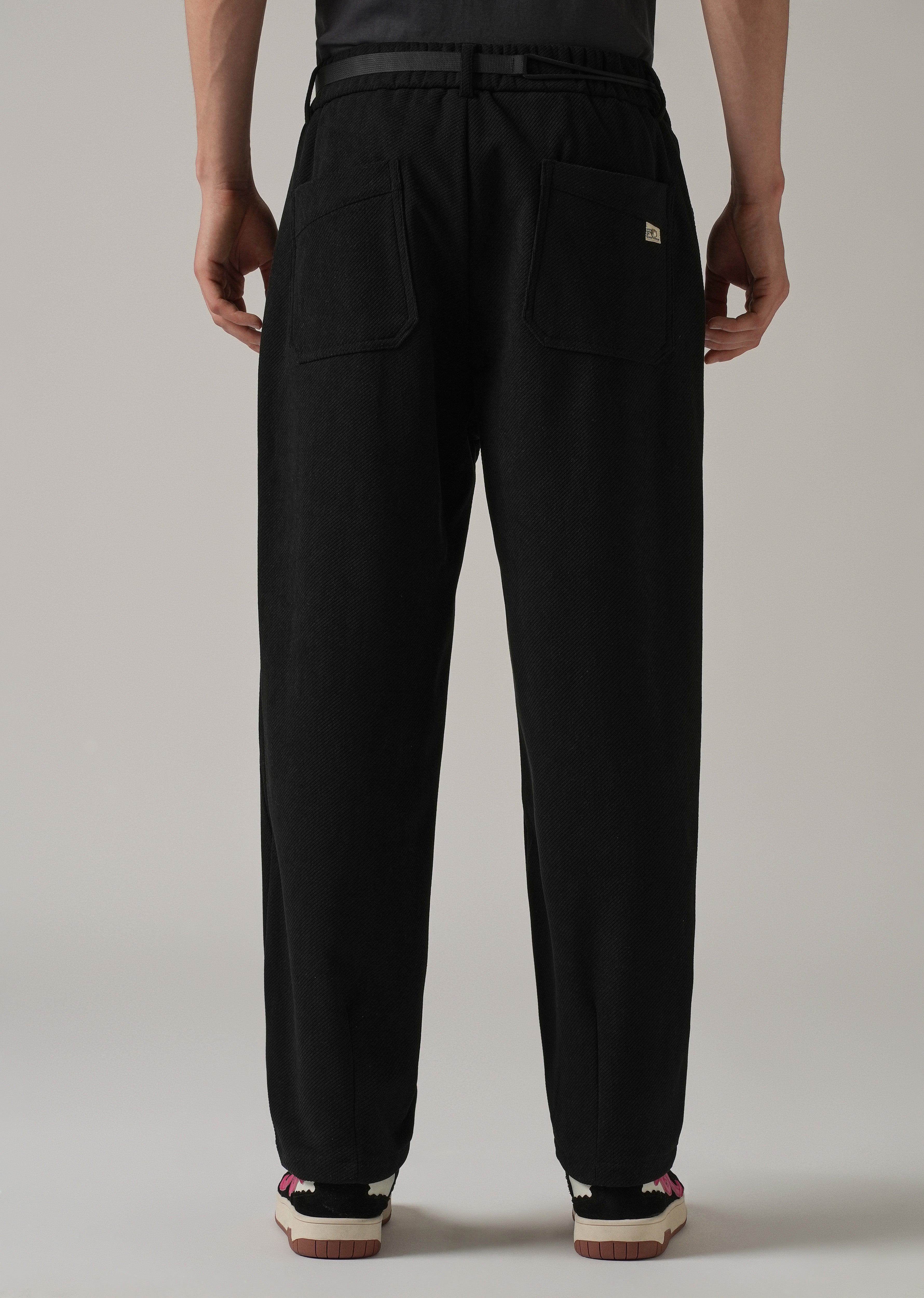 Black Textured Corduroy Belt Pant