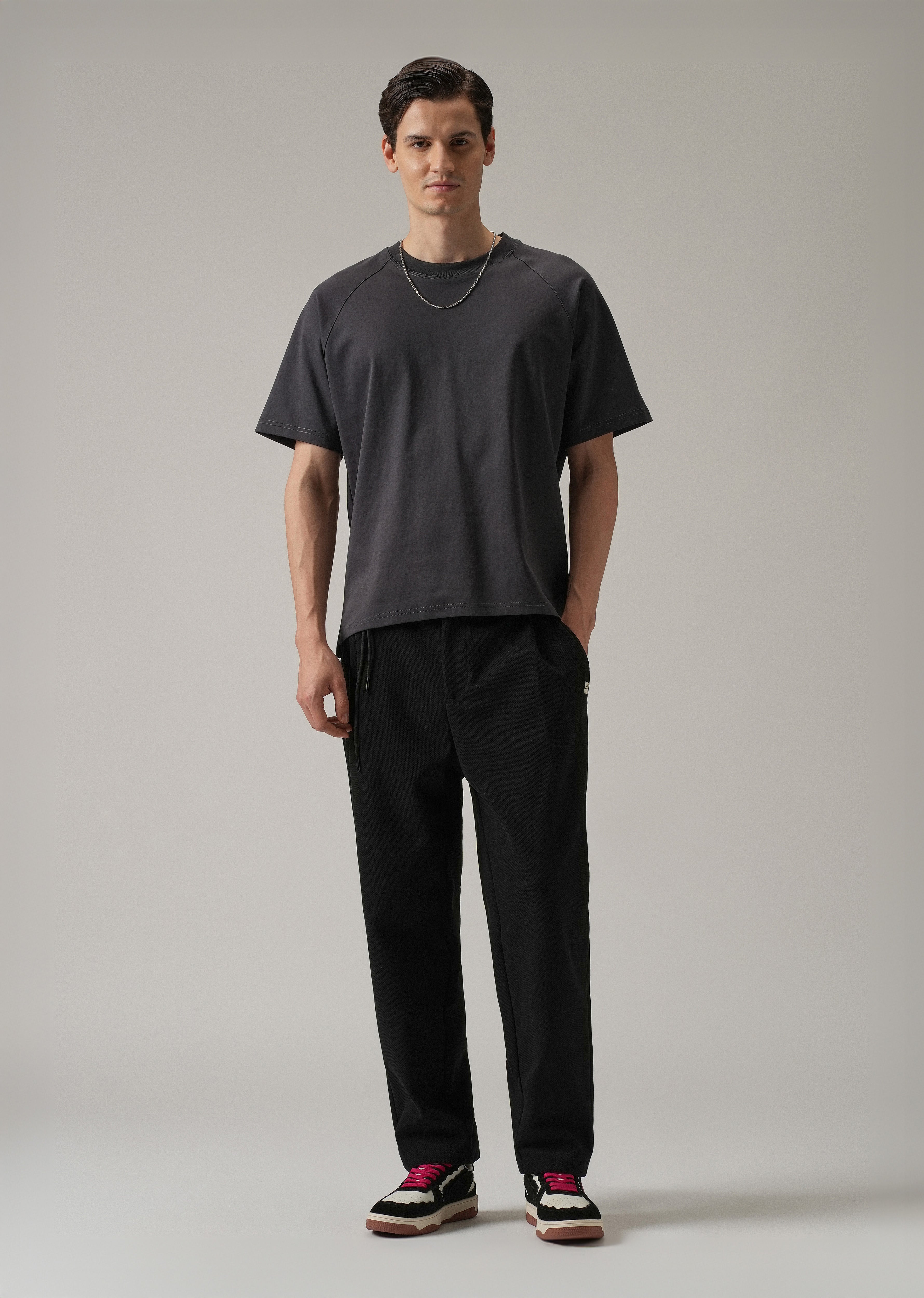 Black Textured Corduroy Belt Pant