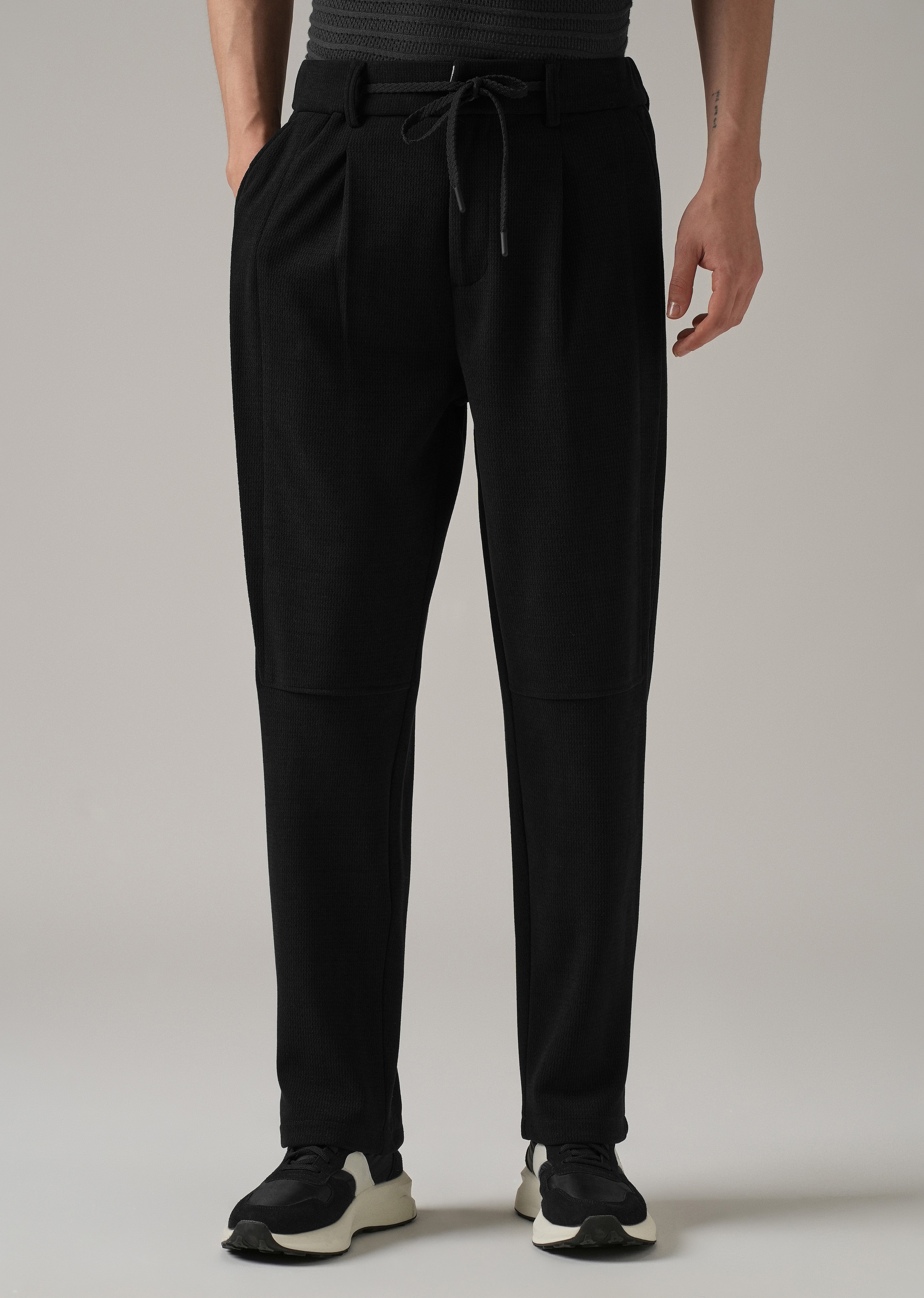 Black Textured Suede Drawstring Pant