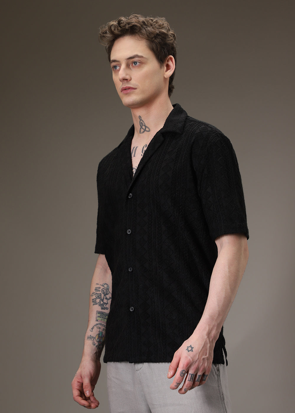 Noir Black Jacquard Towelling Camp Shirt