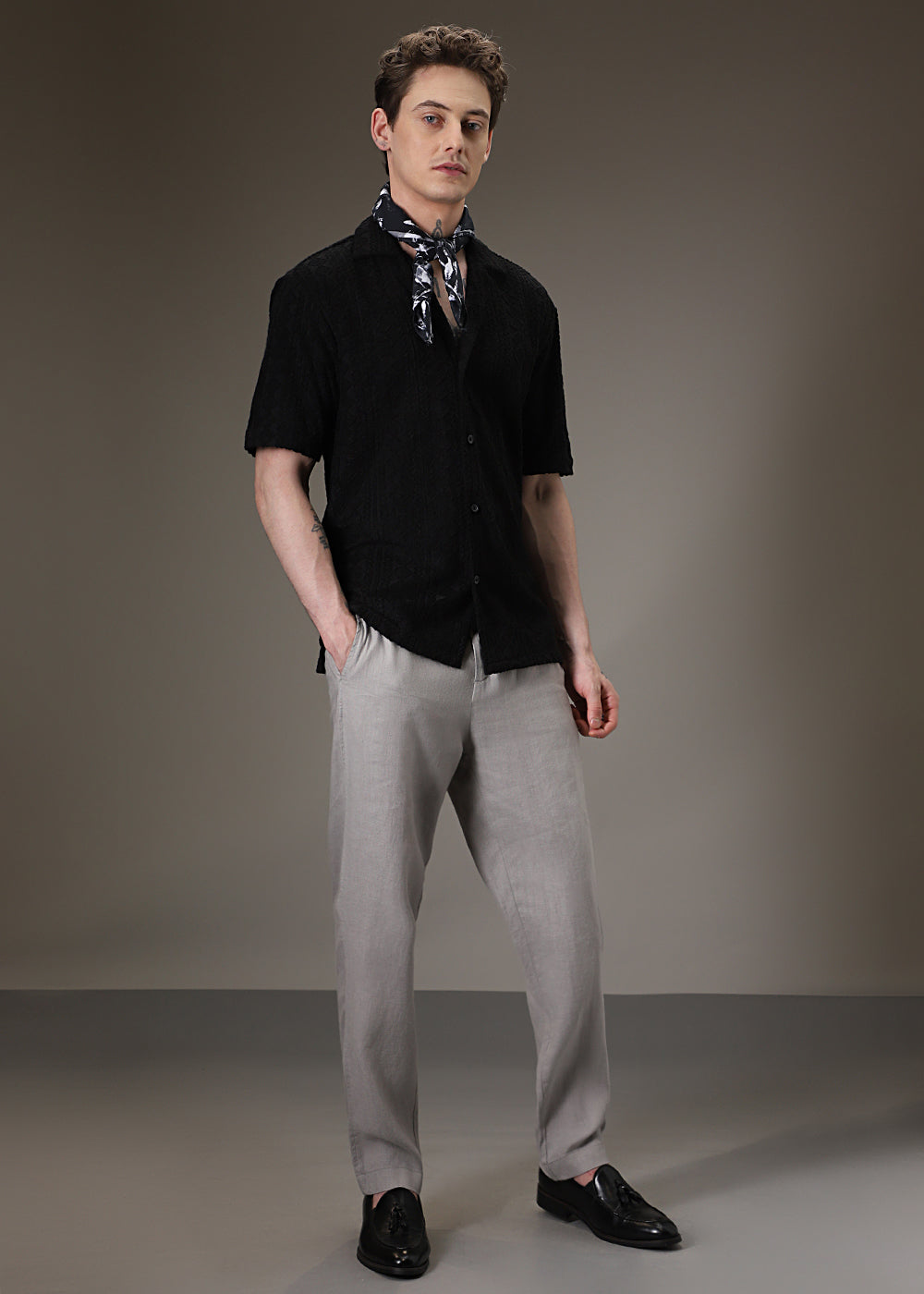 Noir Black Jacquard Towelling Camp Shirt