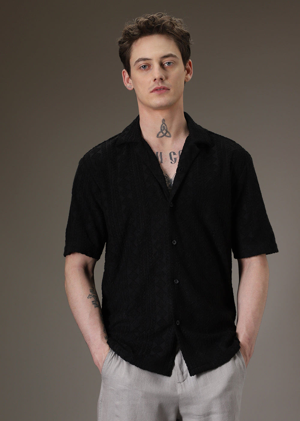 Noir Black Jacquard Towelling Camp Shirt