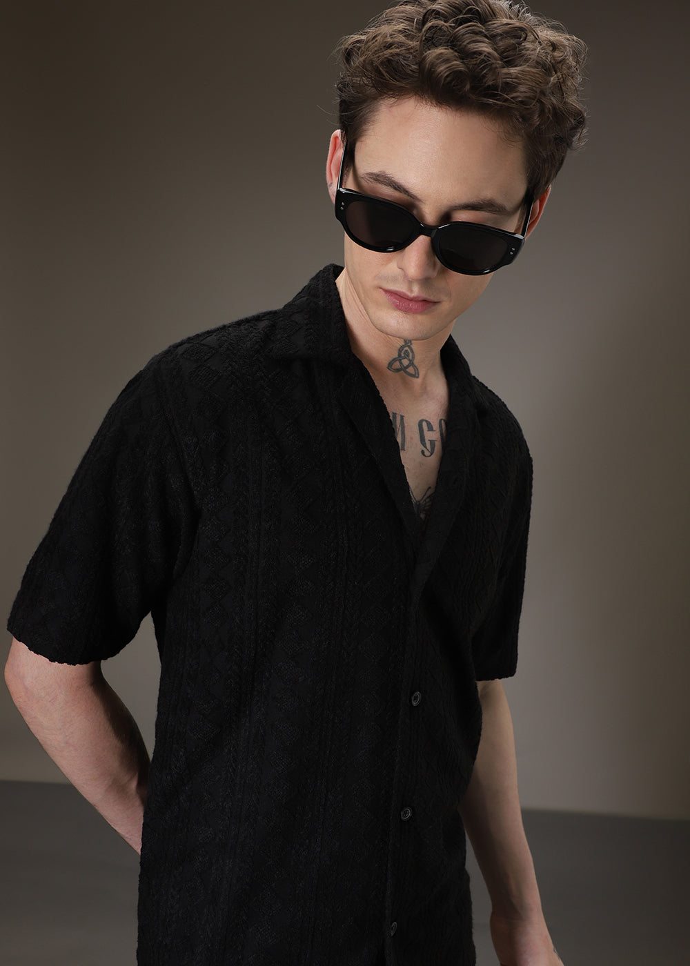 Noir Black Jacquard Towelling Camp Shirt