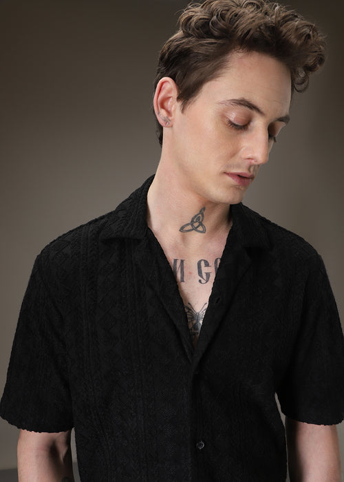 Noir Black Jacquard Towelling Camp Shirt