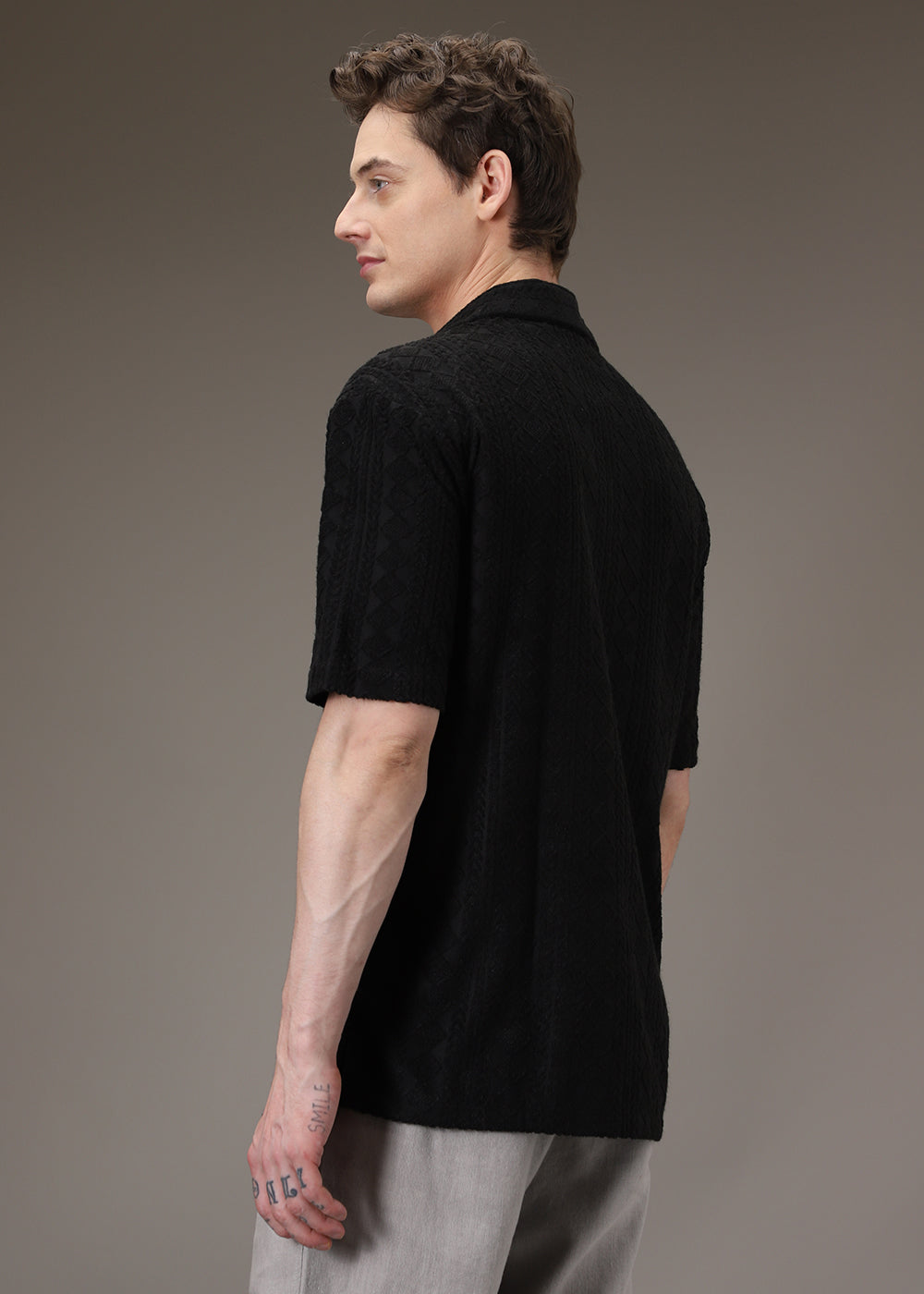 Noir Black Jacquard Towelling Camp Shirt