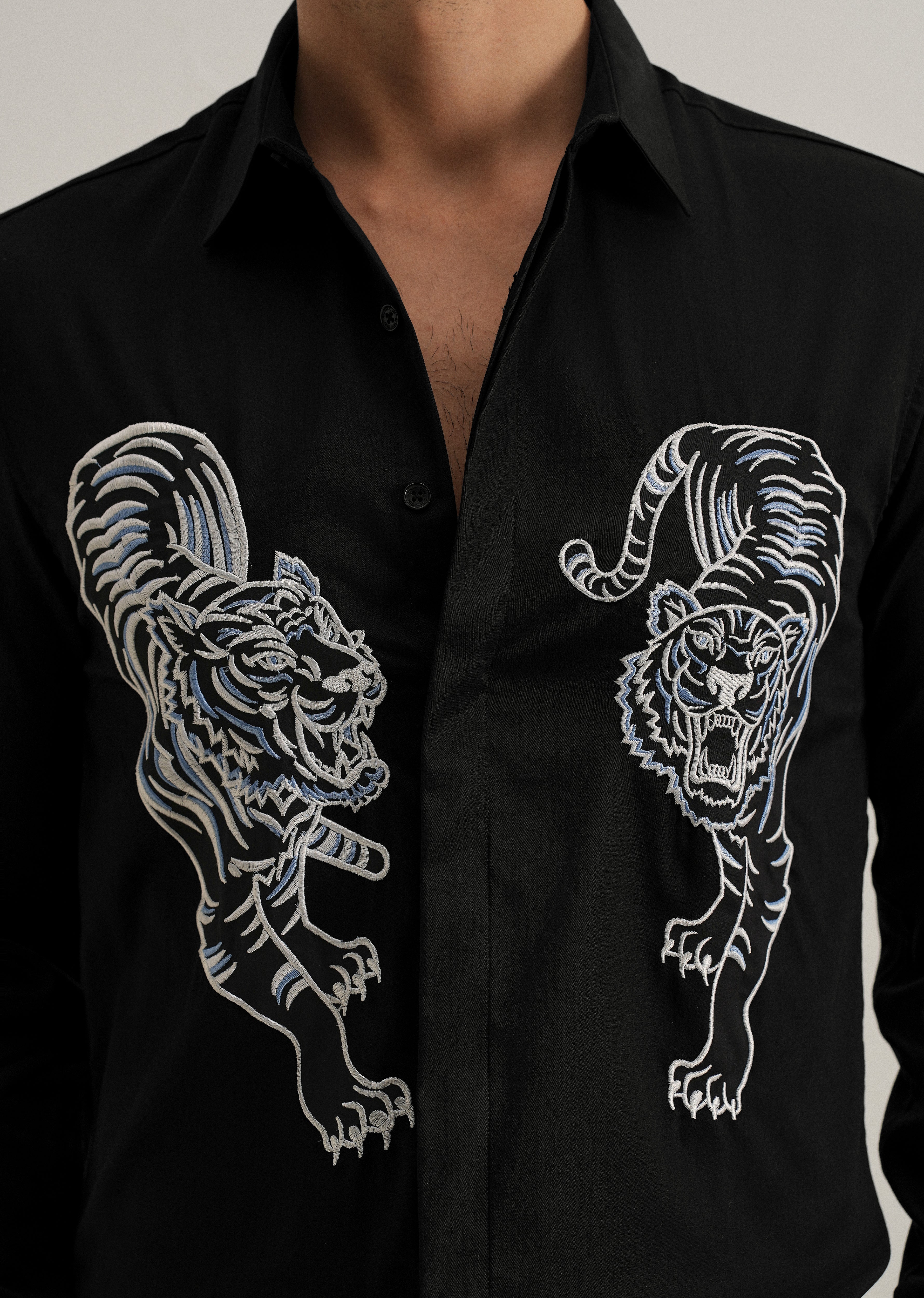 Black Tiger Embroidered Designer Shirt