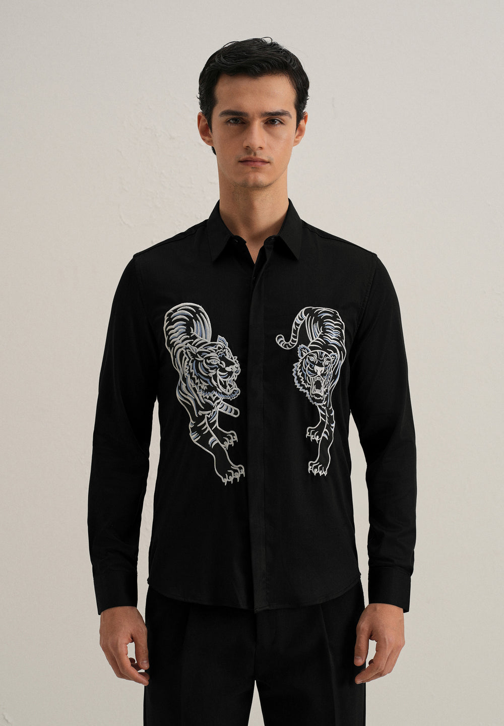 Black Tiger Embroidered Designer Shirt