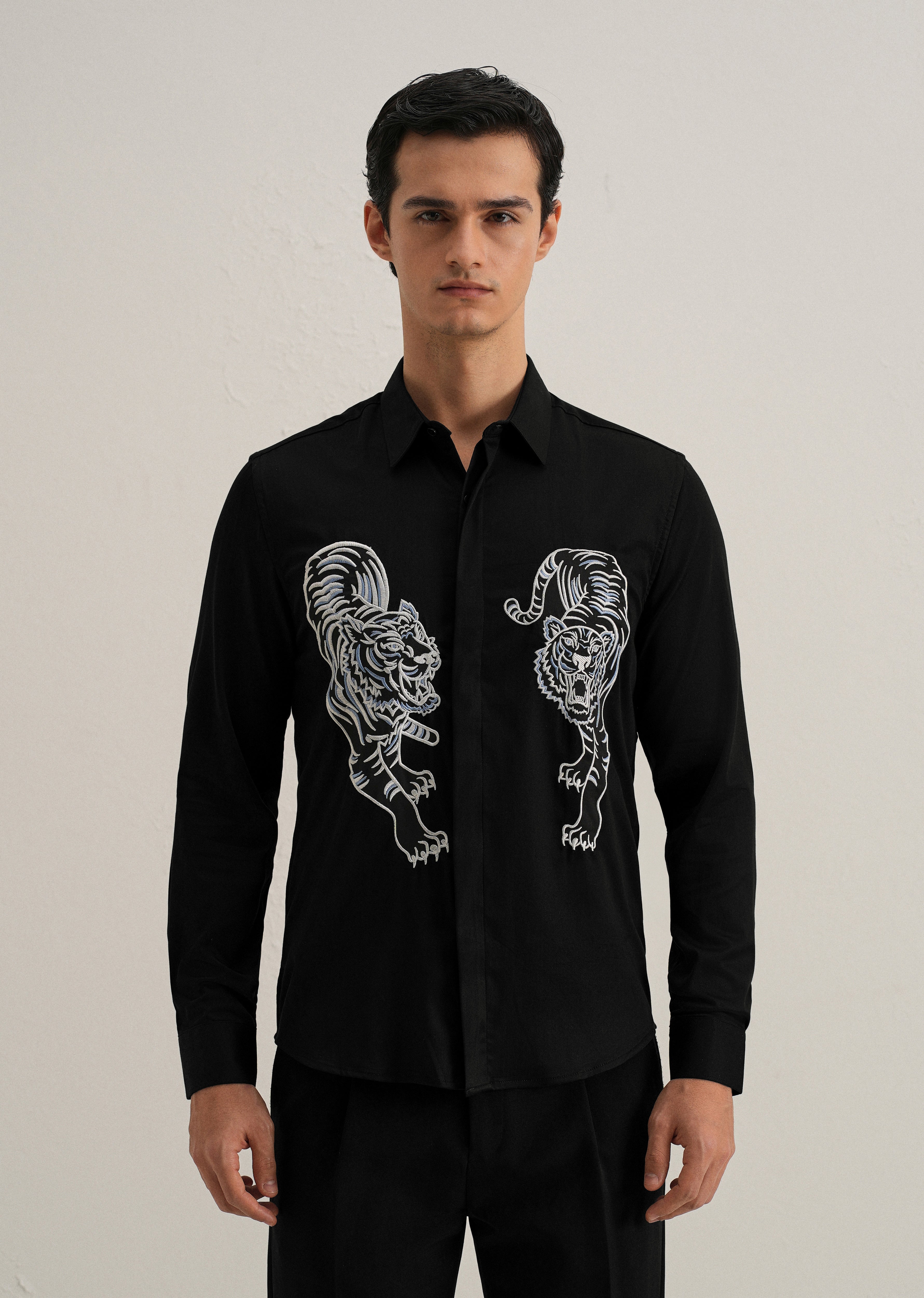 Black Tiger Embroidered Designer Shirt
