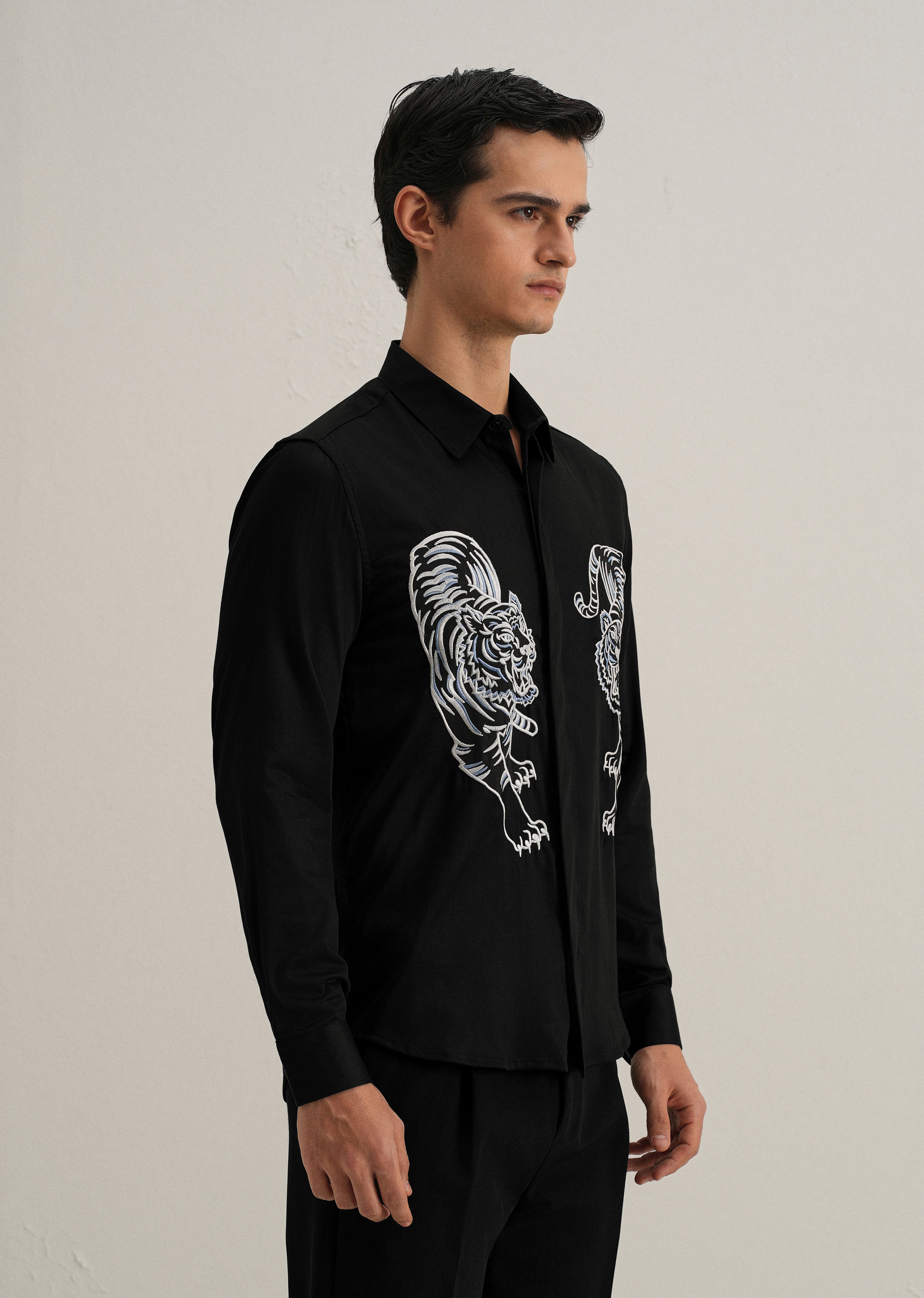 Black Tiger Embroidered Designer Shirt